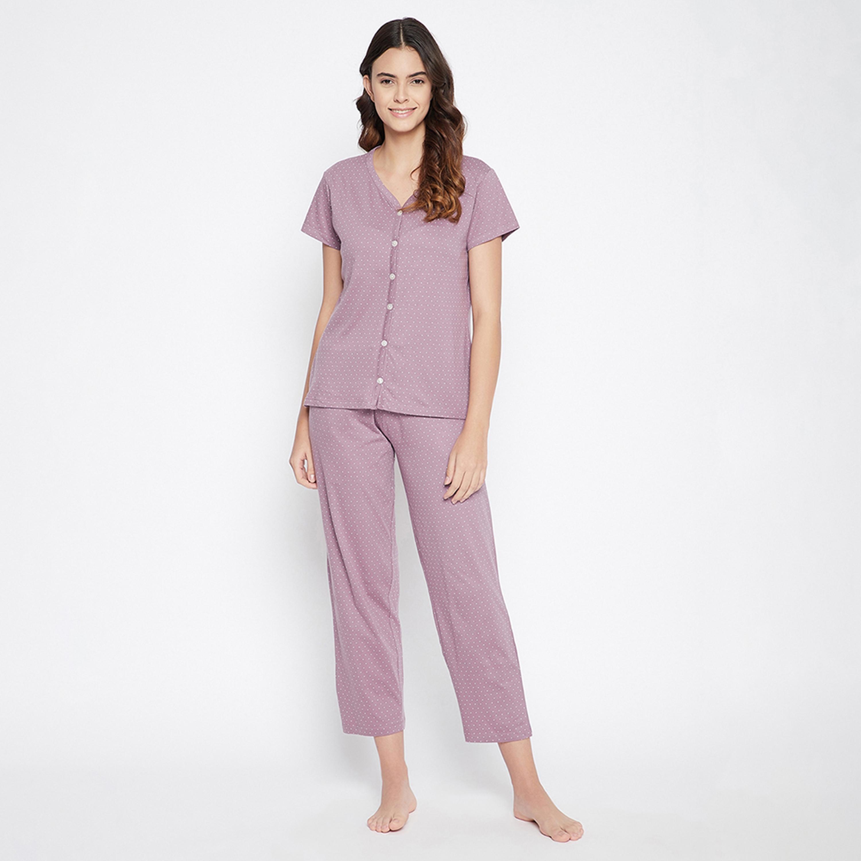 طقم توب وبيجامة بأزرار بطبعة نقاط - 100% قطن لافندر من كلوفيا-women-clothing-nightwear-pyjamas-longsets-image-1