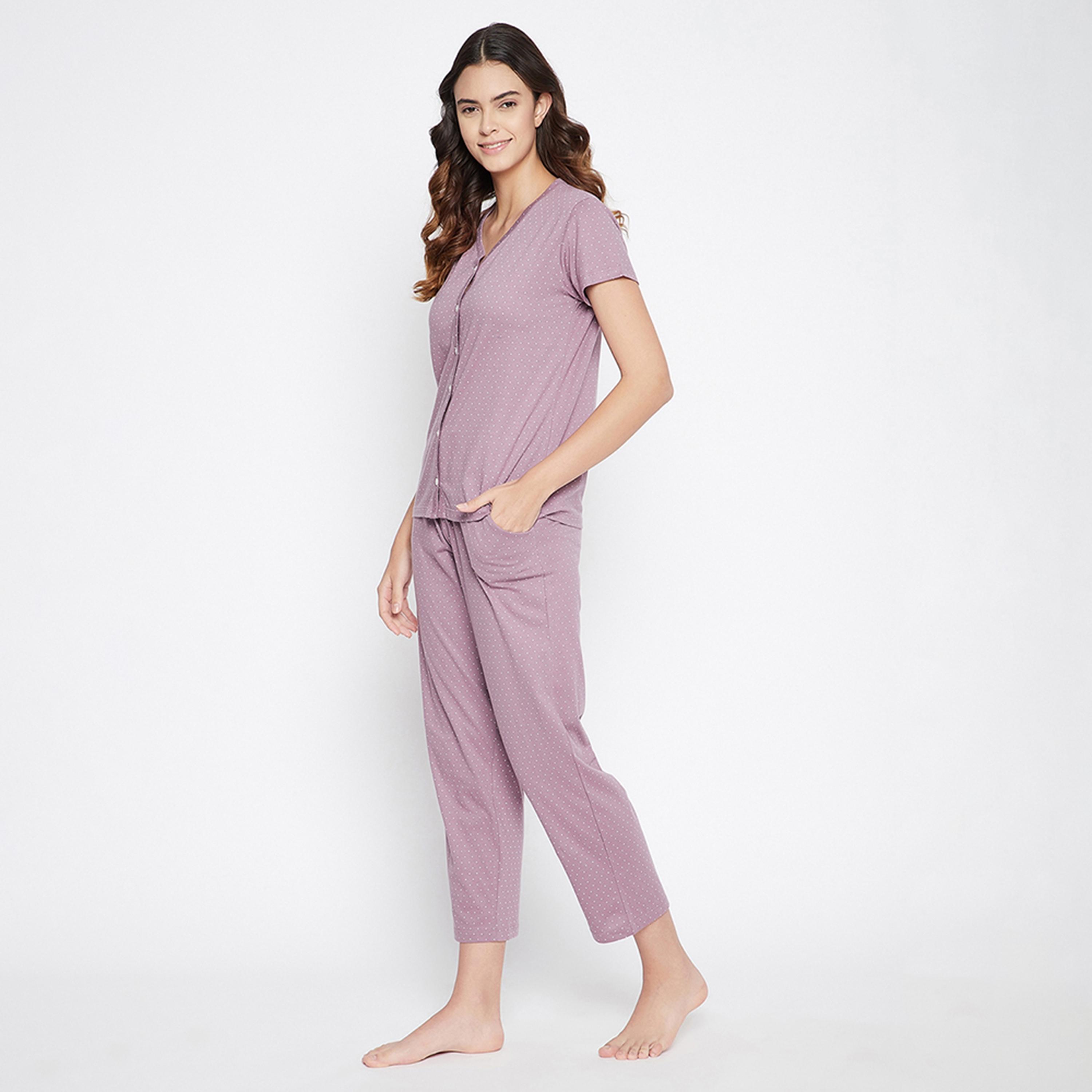 طقم توب وبيجامة بأزرار بطبعة نقاط - 100% قطن لافندر من كلوفيا-women-clothing-nightwear-pyjamas-longsets-image-2
