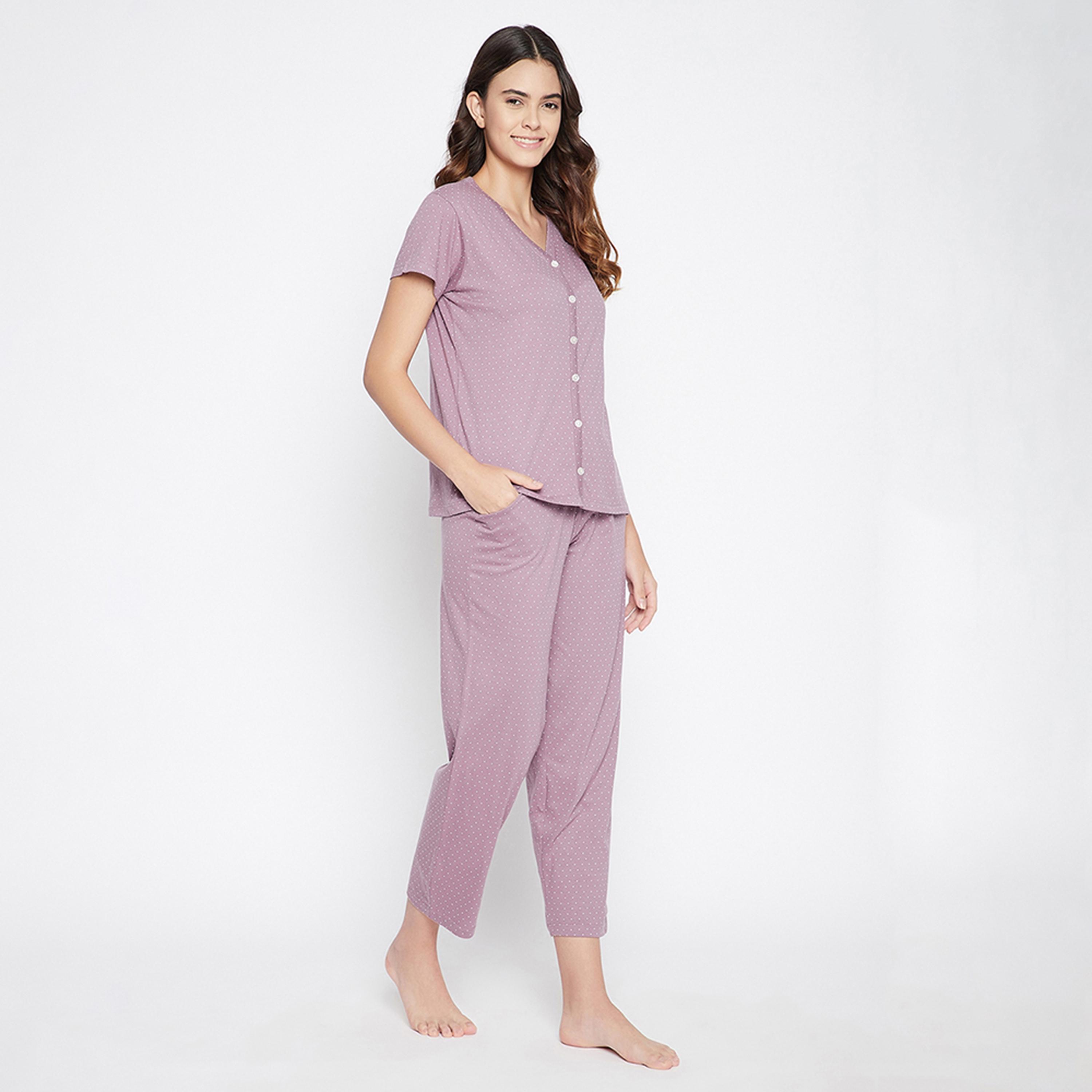 طقم توب وبيجامة بأزرار بطبعة نقاط - 100% قطن لافندر من كلوفيا-women-clothing-nightwear-pyjamas-longsets-image-3