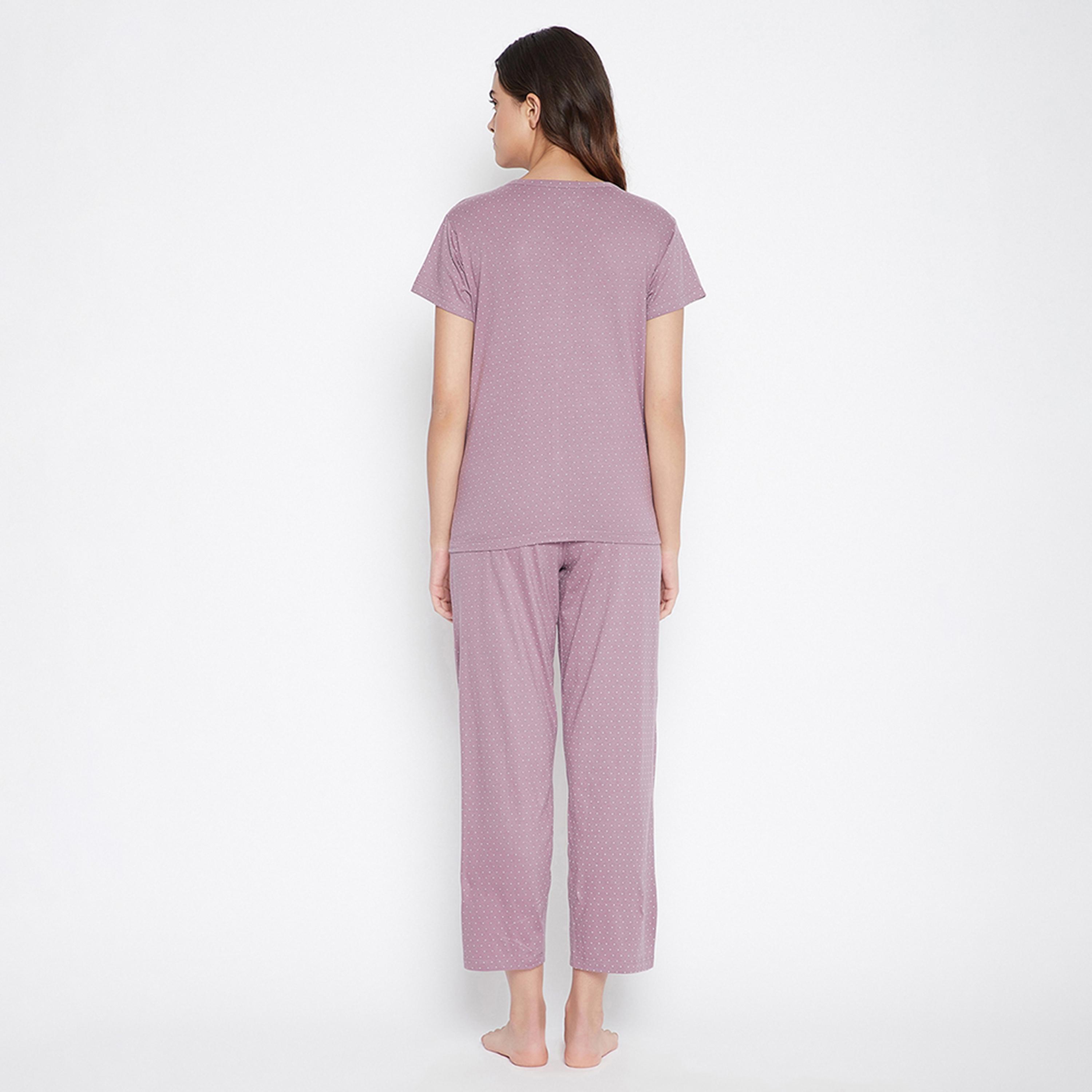 Clovia Polka Print Button Me Up Women's Top & Pyjama Set in Lavender - 100% Cotton-women-clothing-nightwear-pyjamas-longsets-image-4