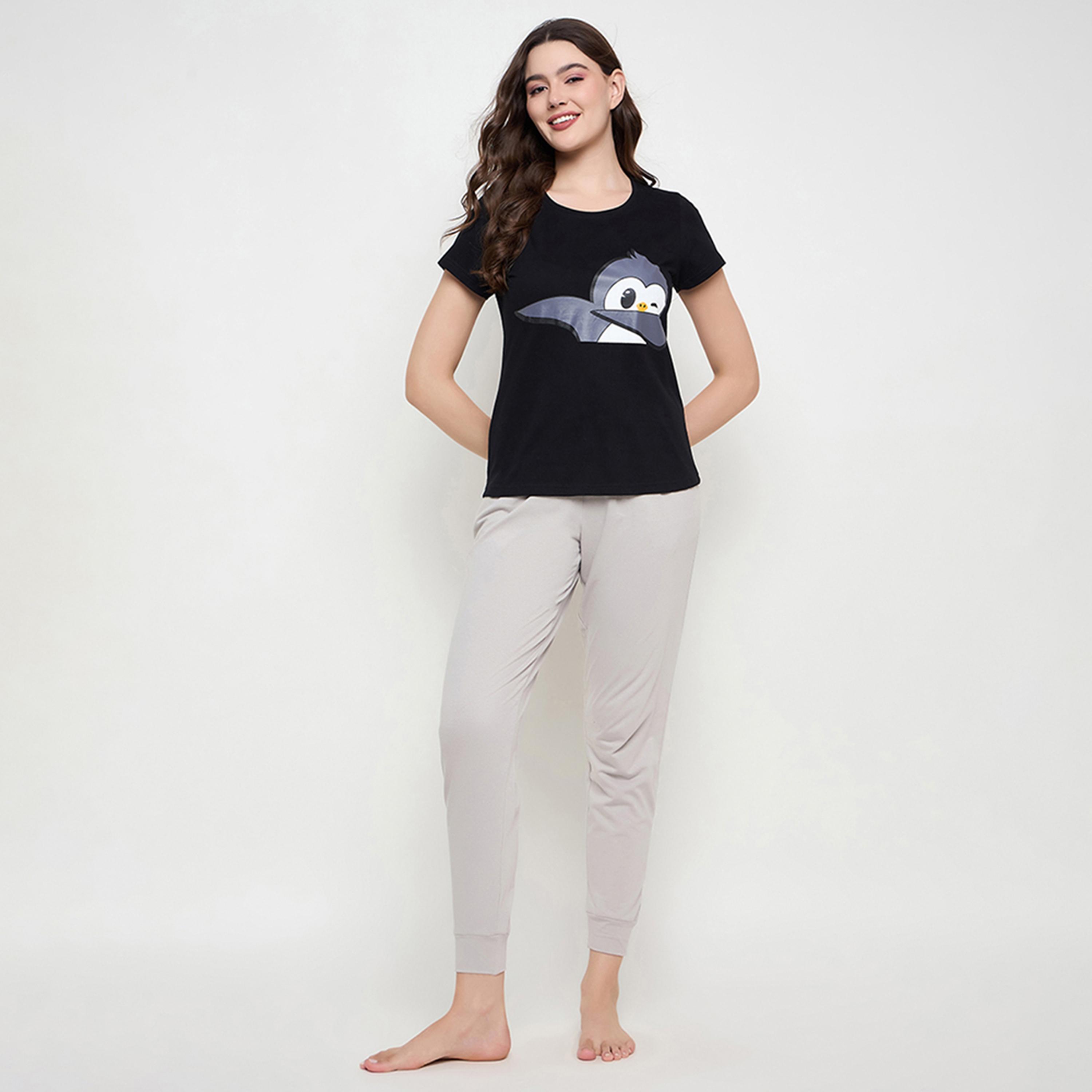 Clovia Dab Penguin Print Women's Top & Solid Jogger Set in Black - 100% Cotton-women-clothing-nightwear-pyjamas-longsets-image-1