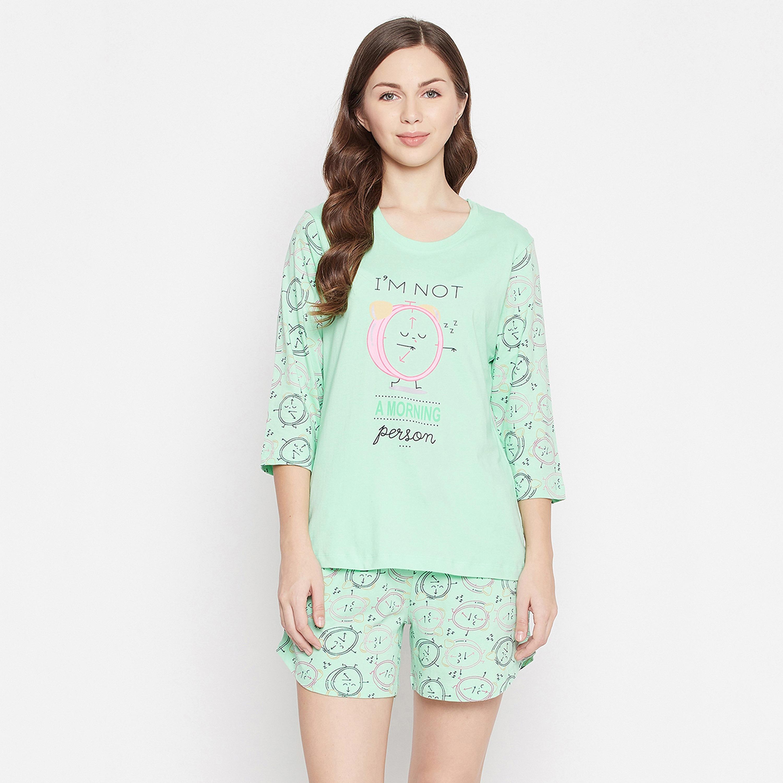 Clovia Women's Alarm Clock & Text Print Sleep Top & Shorts Set in Mint Green - Pure Cotton-women-clothing-nightwear-pyjamas-longsets-image-1