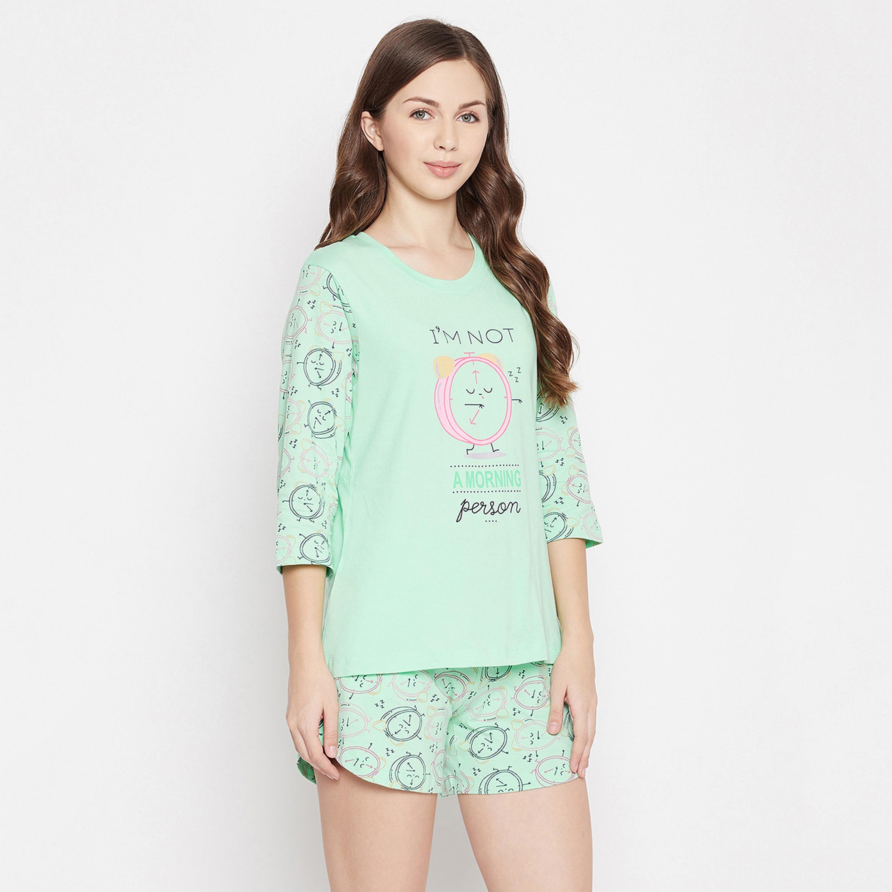 Clovia Women's Alarm Clock & Text Print Sleep Top & Shorts Set in Mint Green - Pure Cotton-women-clothing-nightwear-pyjamas-longsets-image-4