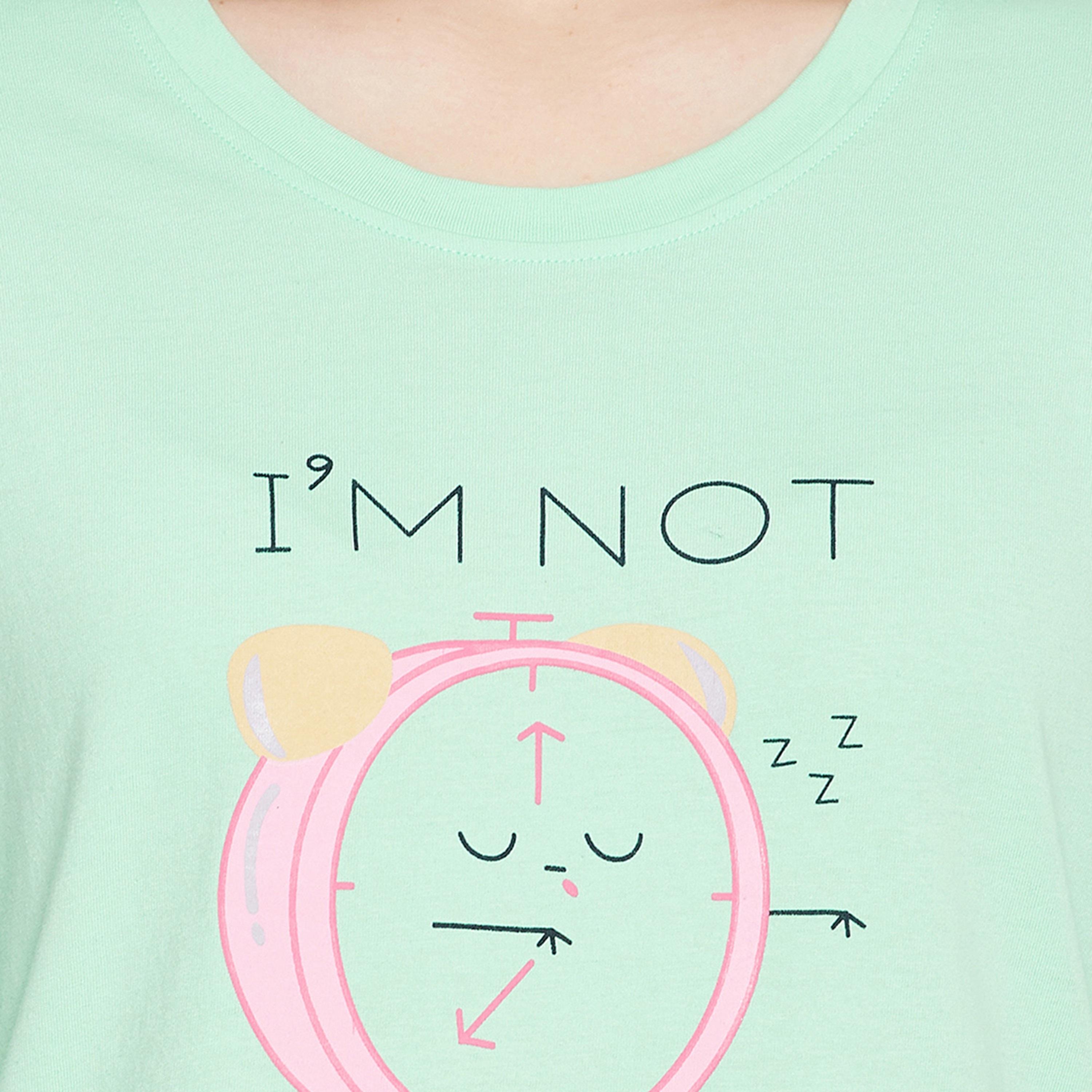 Clovia Women's Alarm Clock & Text Print Sleep Top & Shorts Set in Mint Green - Pure Cotton-women-clothing-nightwear-pyjamas-longsets-image-6