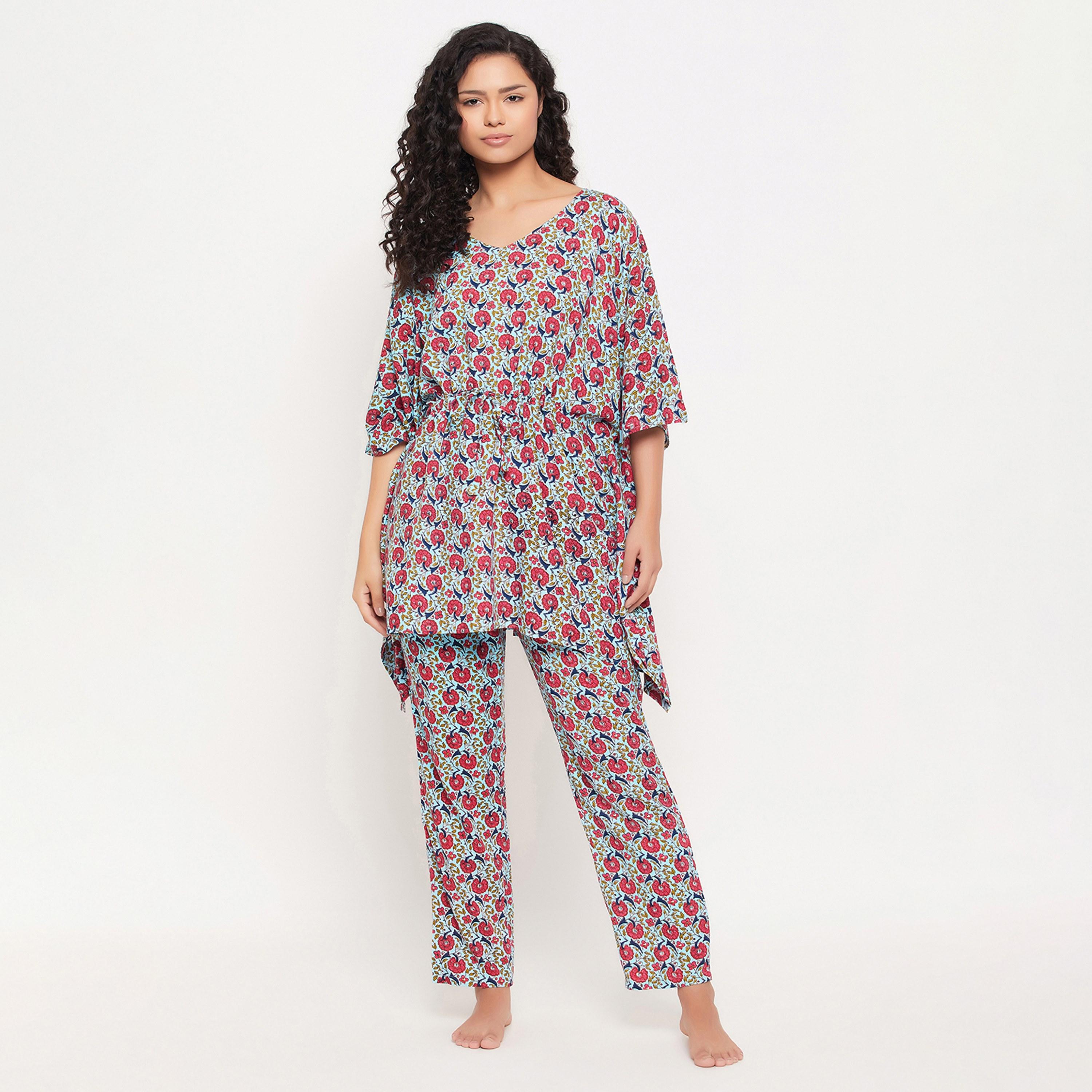 طقم قفطان قفطان بريتي فلورالز للنساء باللون الأزرق السماوي - رايون-women-clothing-nightwear-pyjamas-longsets-image-1
