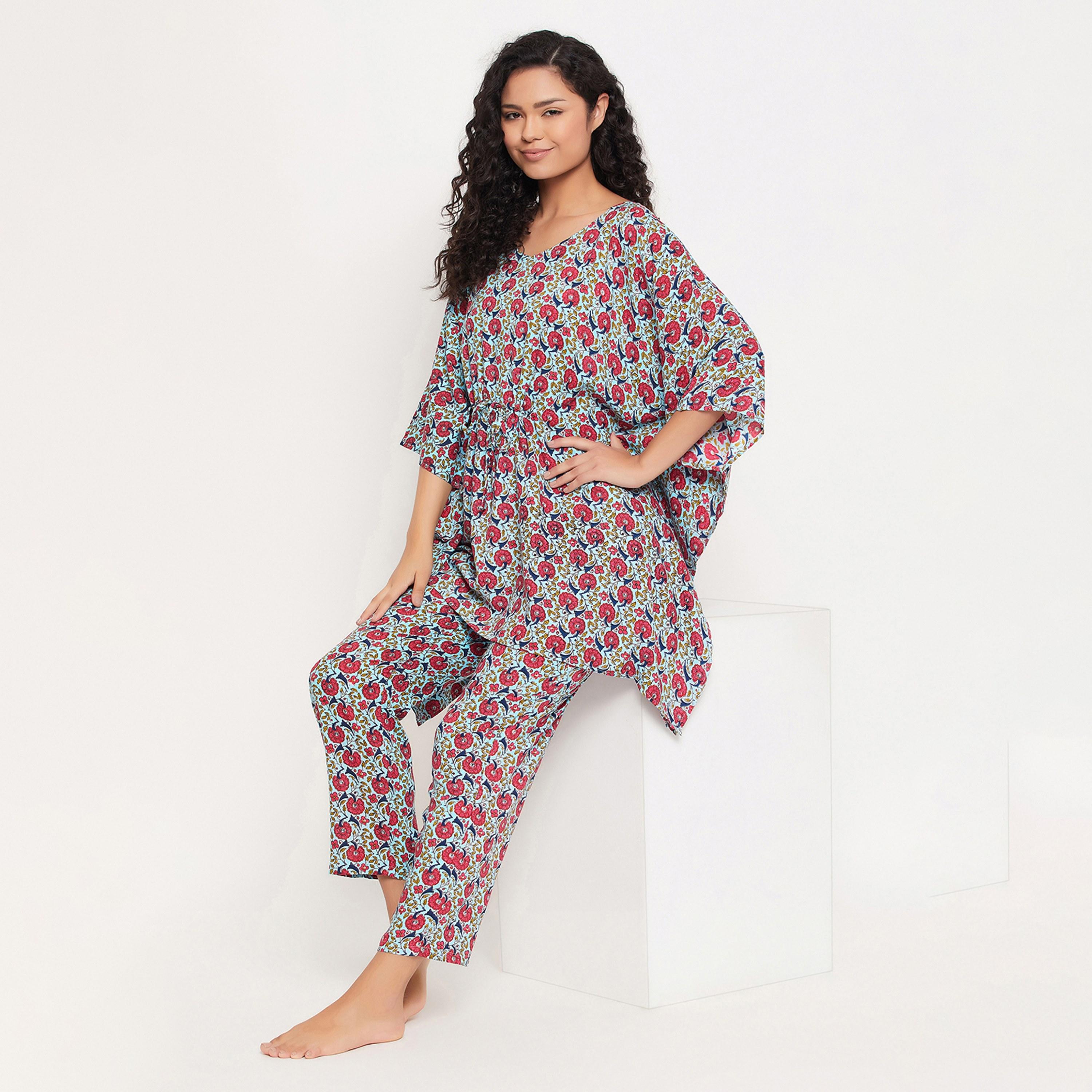 طقم قفطان قفطان بريتي فلورالز للنساء باللون الأزرق السماوي - رايون-women-clothing-nightwear-pyjamas-longsets-image-2