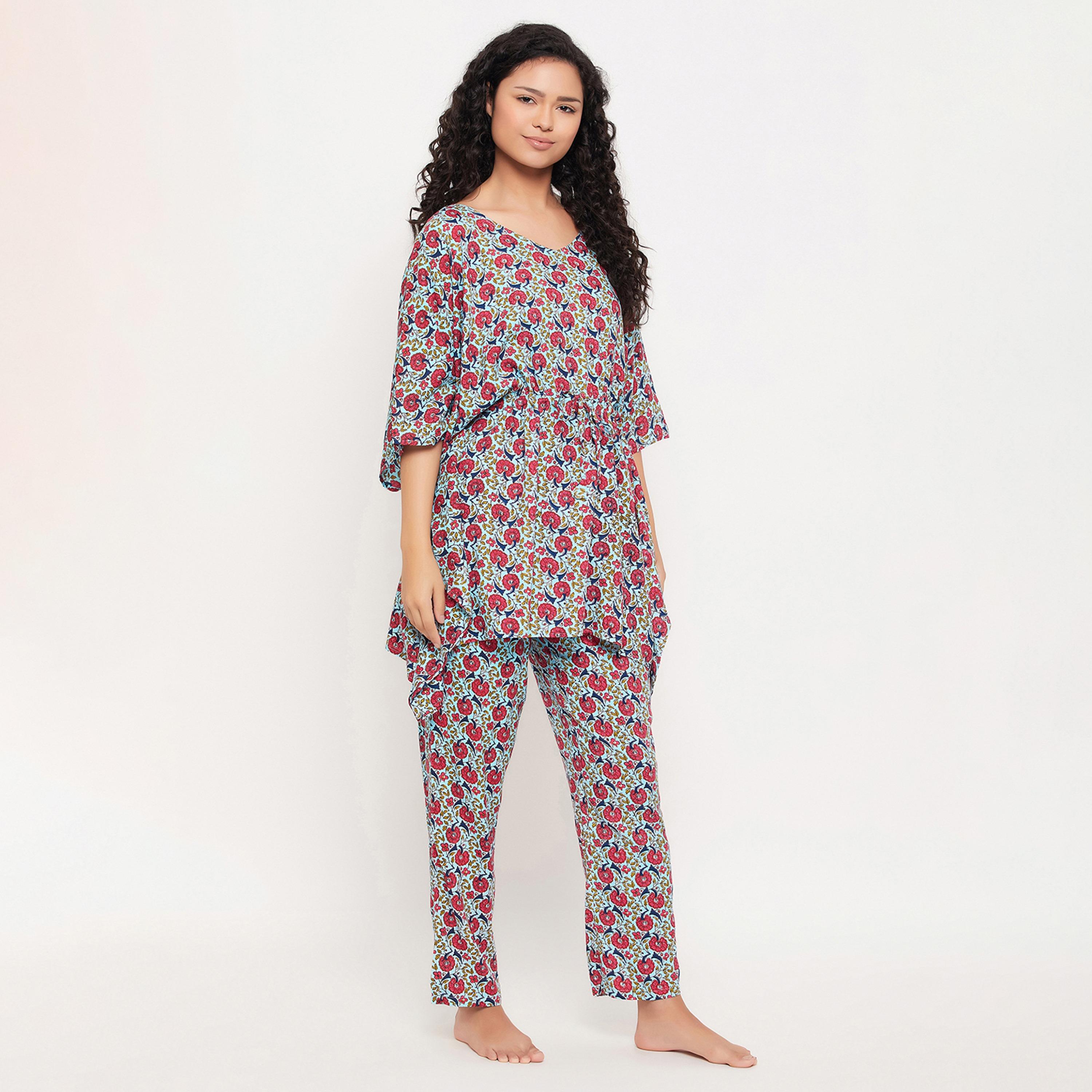 طقم قفطان قفطان بريتي فلورالز للنساء باللون الأزرق السماوي - رايون-women-clothing-nightwear-pyjamas-longsets-image-3