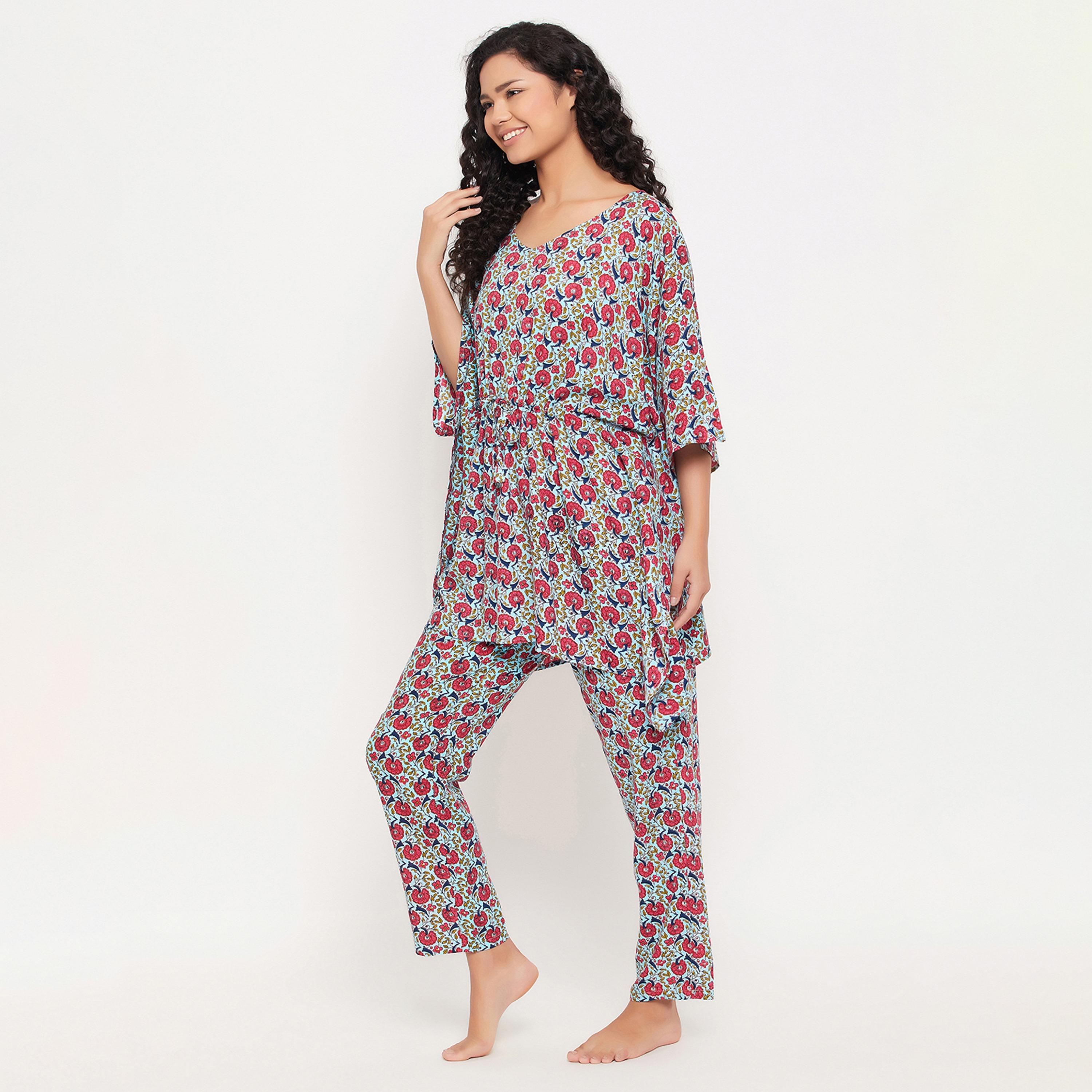 Clovia Pretty Florals Kaftan Women's Top & Pyjama Set in Sky Blue - Rayon-women-clothing-nightwear-pyjamas-longsets-image-4