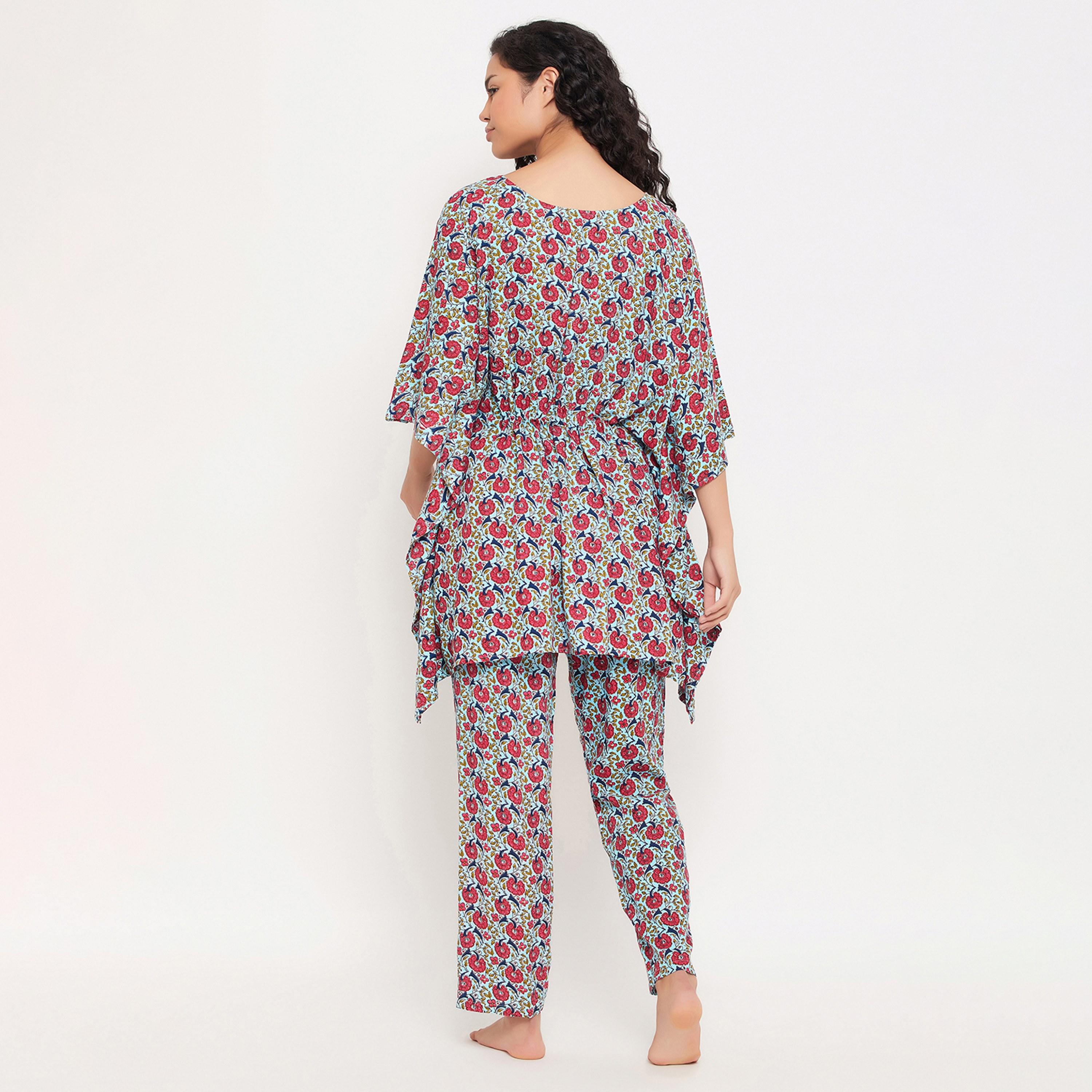 Clovia Pretty Florals Kaftan Women's Top & Pyjama Set in Sky Blue - Rayon-women-clothing-nightwear-pyjamas-longsets-image-5