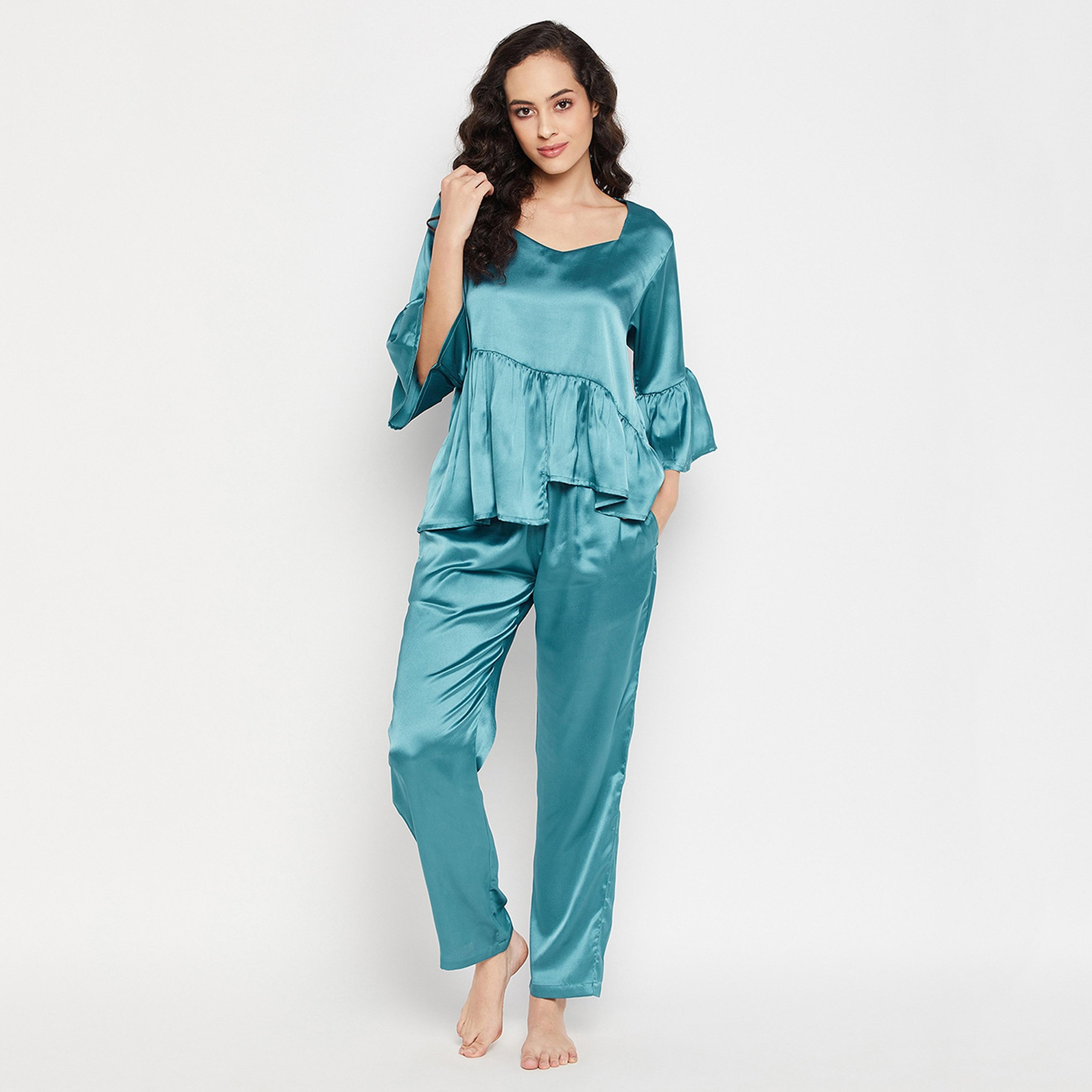 Clovia Chic Basic Women's Top & Pyjama Set in Teal Blue - Satin-women-clothing-nightwear-pyjamas-longsets-image-1