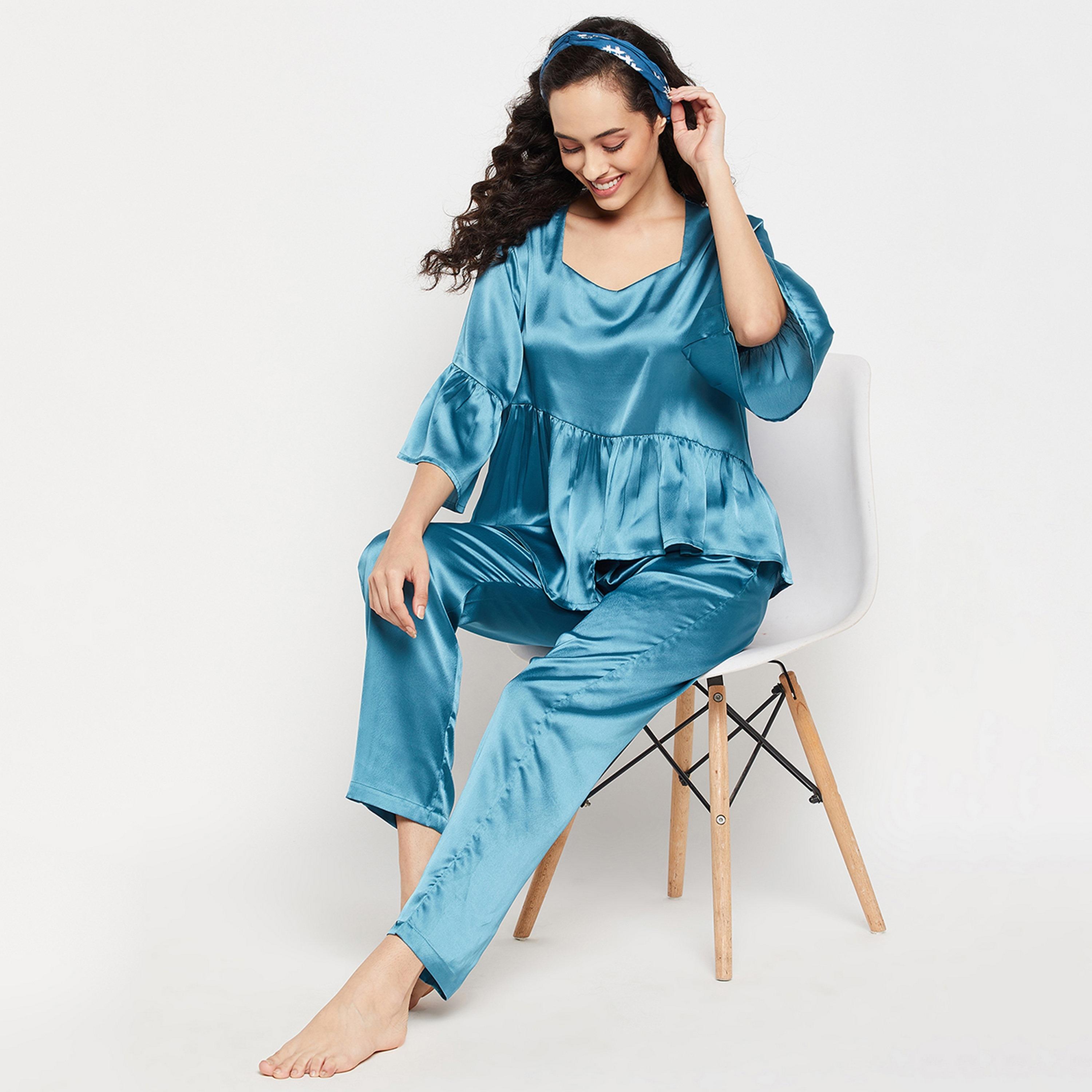 Clovia Chic Basic Women's Top & Pyjama Set in Teal Blue - Satin-women-clothing-nightwear-pyjamas-longsets-image-2