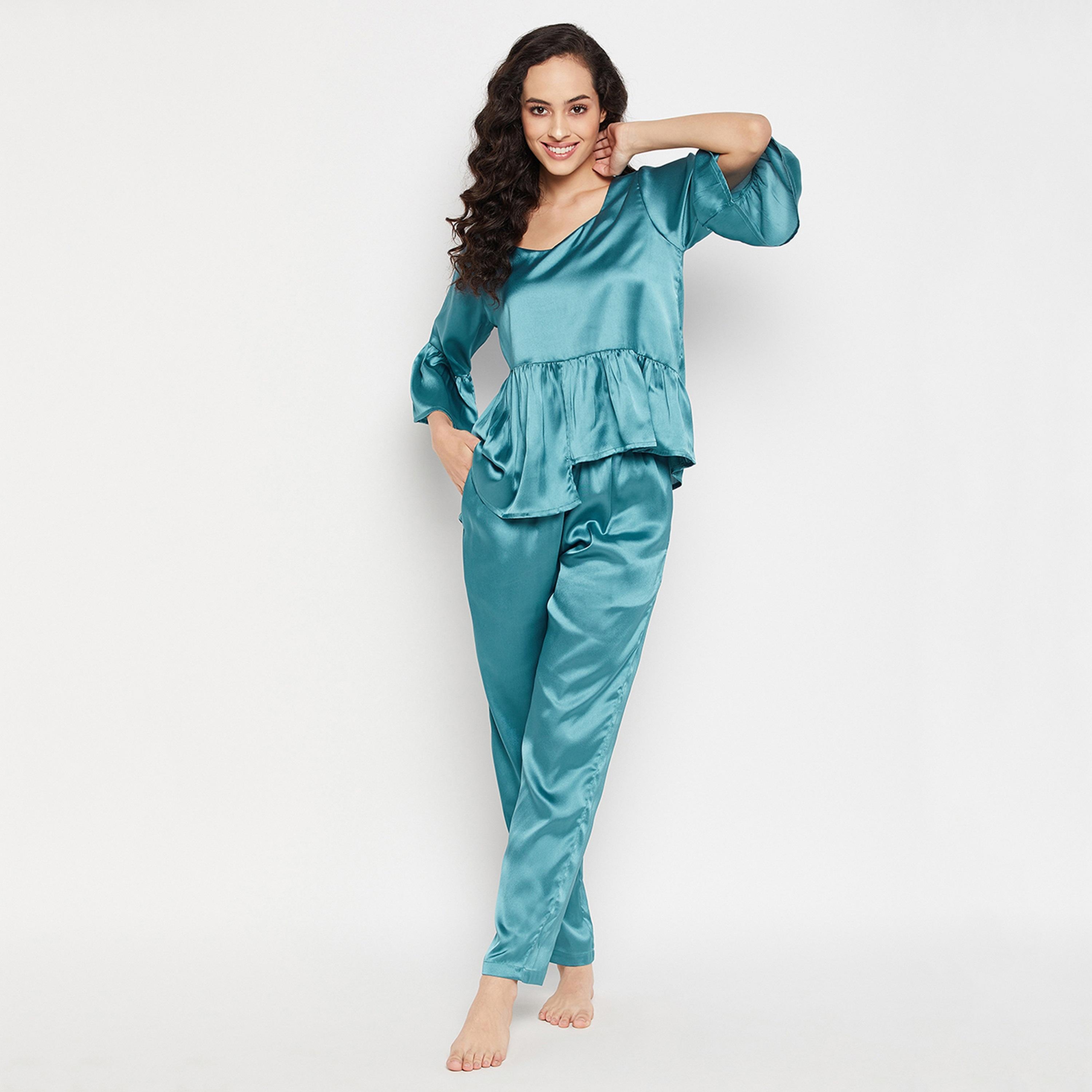 Clovia Chic Basic Women's Top & Pyjama Set in Teal Blue - Satin-women-clothing-nightwear-pyjamas-longsets-image-3