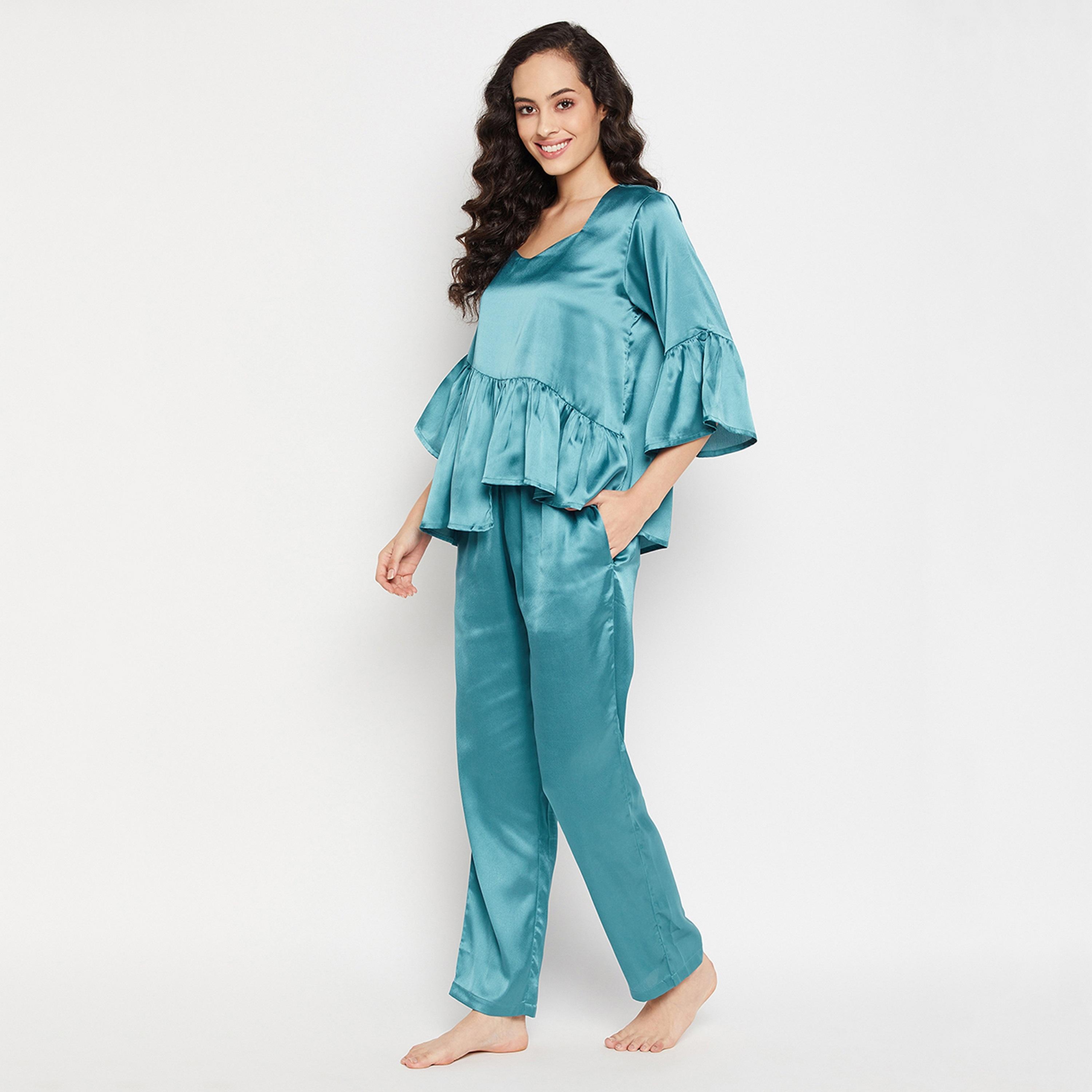 Clovia Chic Basic Women's Top & Pyjama Set in Teal Blue - Satin-women-clothing-nightwear-pyjamas-longsets-image-4