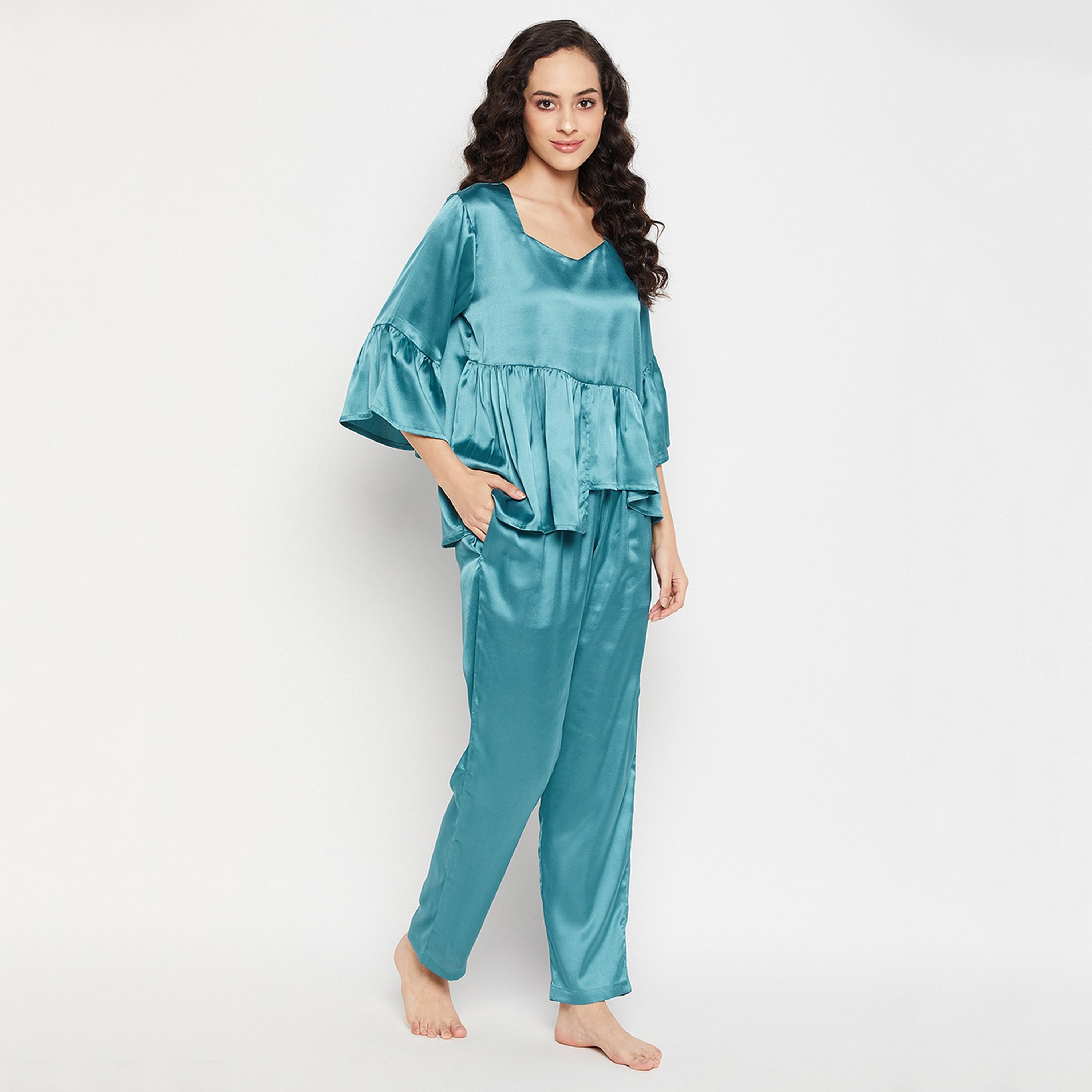 Clovia Chic Basic Women's Top & Pyjama Set in Teal Blue - Satin-women-clothing-nightwear-pyjamas-longsets-image-5