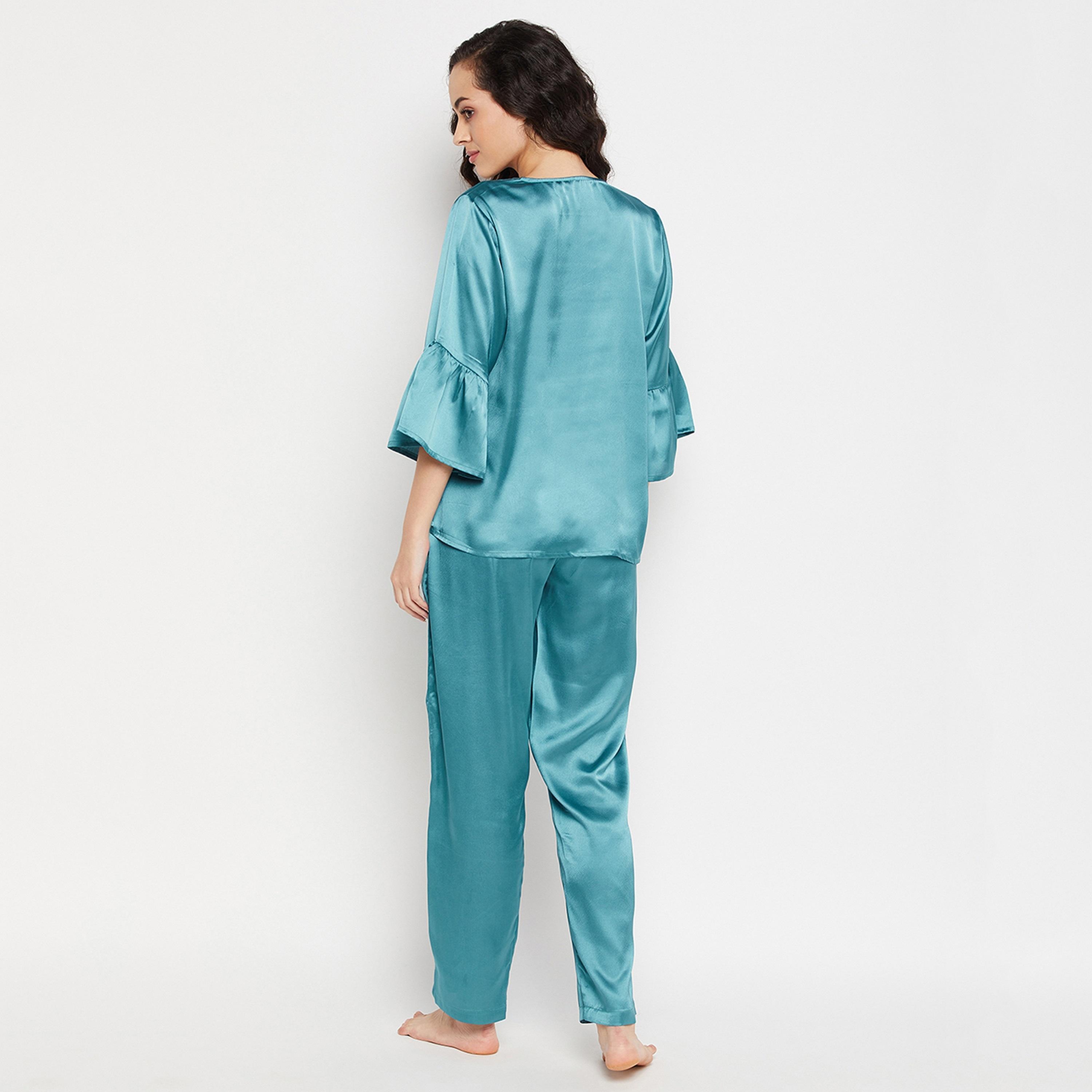 Clovia Chic Basic Women's Top & Pyjama Set in Teal Blue - Satin-women-clothing-nightwear-pyjamas-longsets-image-6
