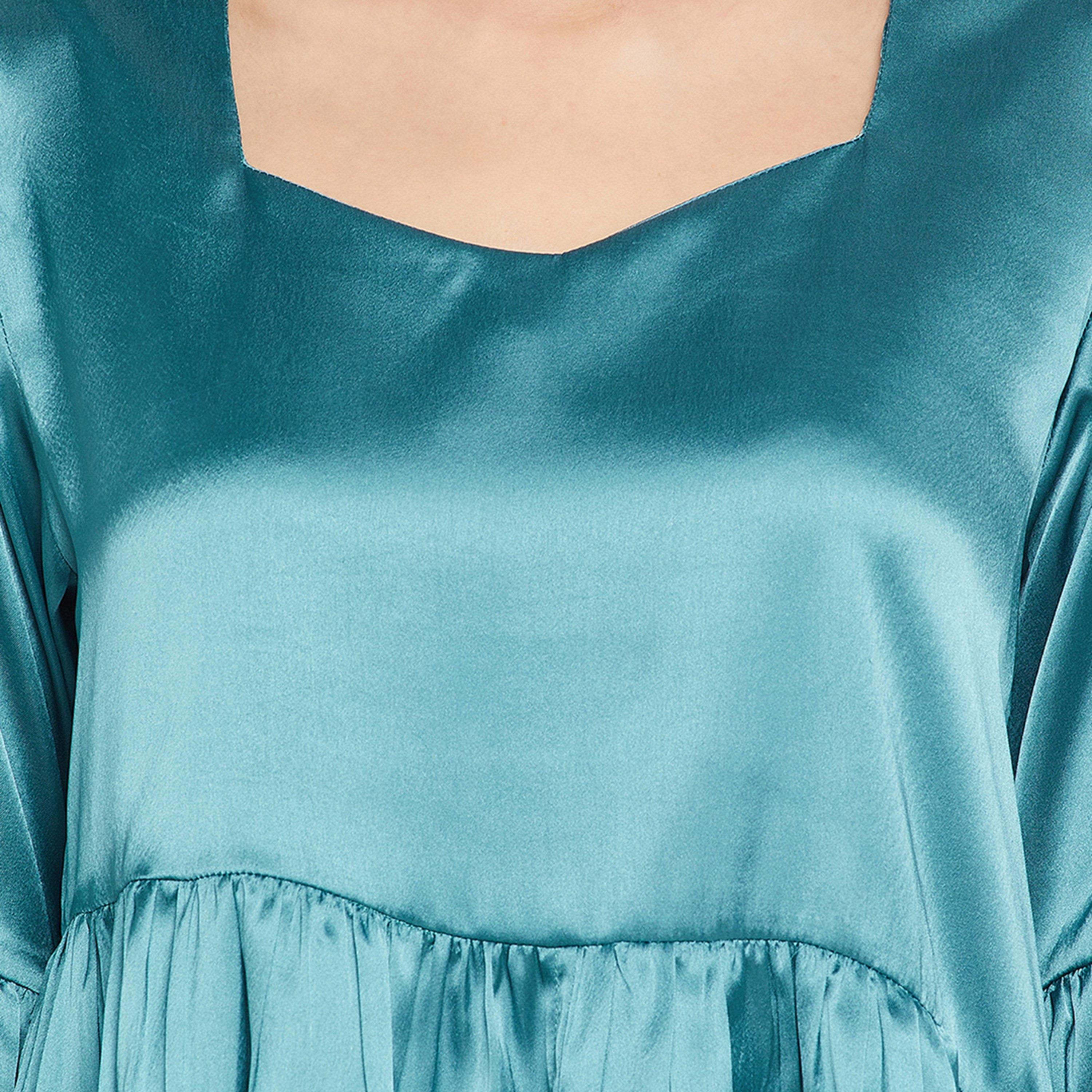 Clovia Chic Basic Women's Top & Pyjama Set in Teal Blue - Satin-women-clothing-nightwear-pyjamas-longsets-image-7