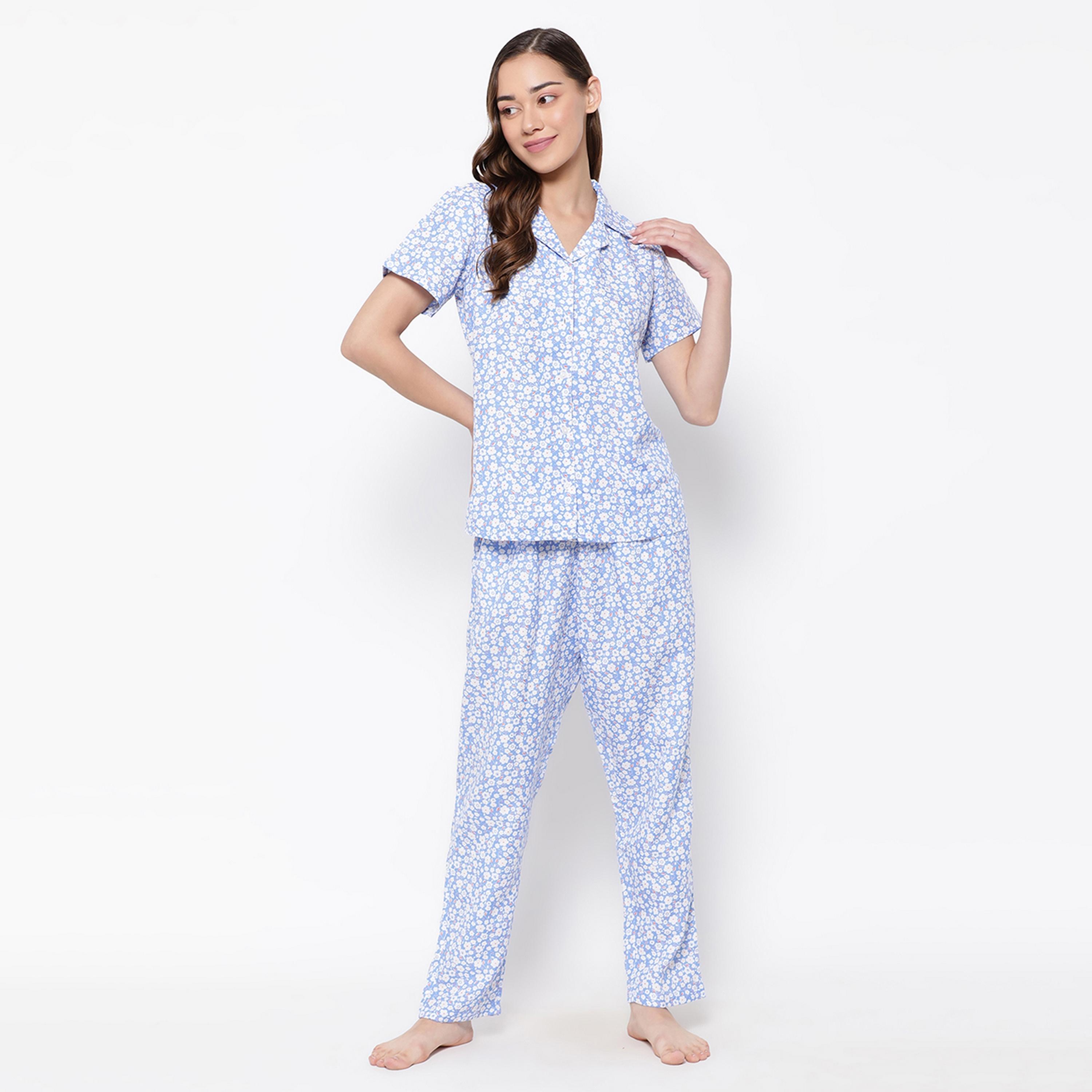Clovia Pretty Floral Button Down Women's Shirt & Pyjama Set in Sky Blue - Rayon-women-clothing-nightwear-pyjamas-longsets-image-1