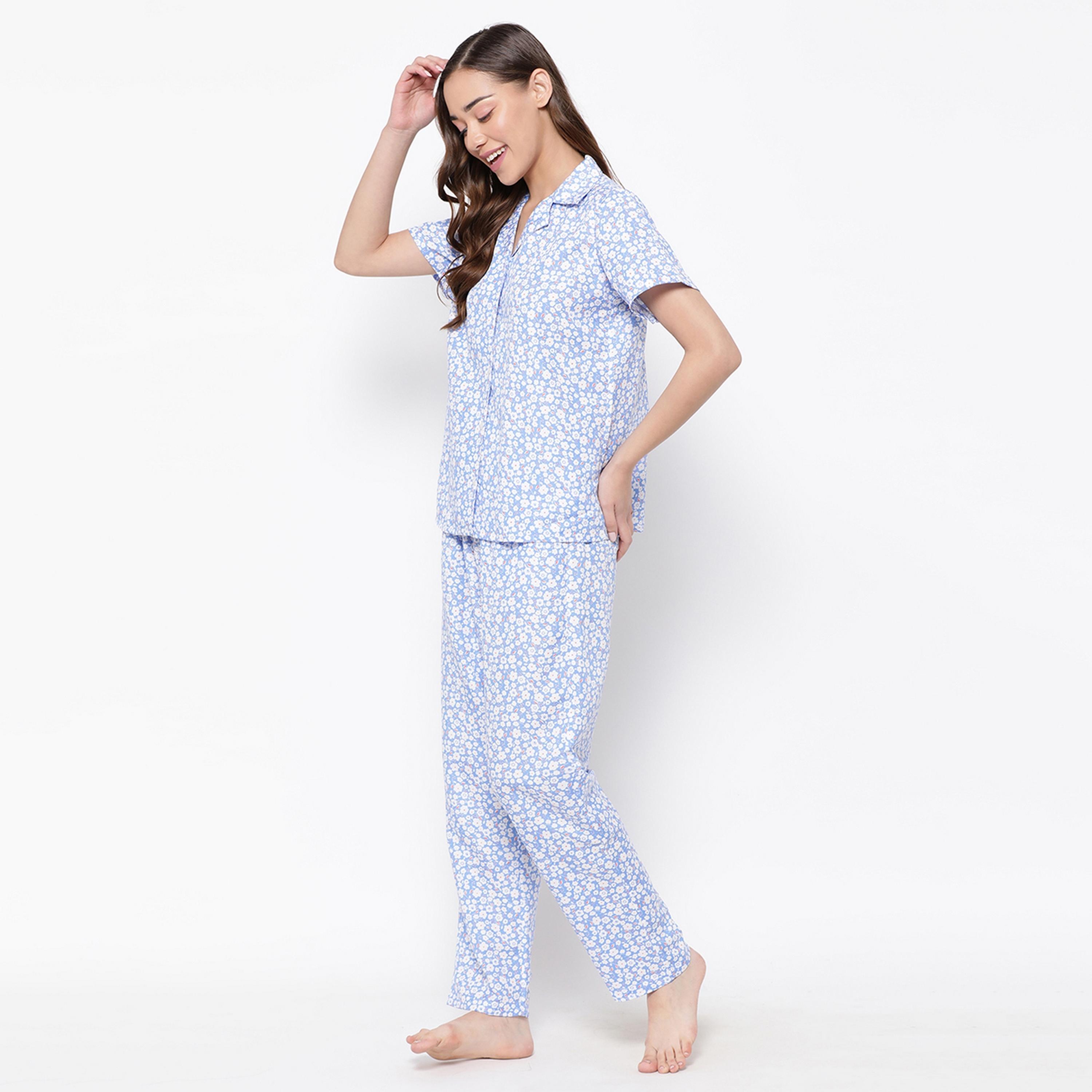 Clovia Pretty Floral Button Down Women's Shirt & Pyjama Set in Sky Blue - Rayon-women-clothing-nightwear-pyjamas-longsets-image-2