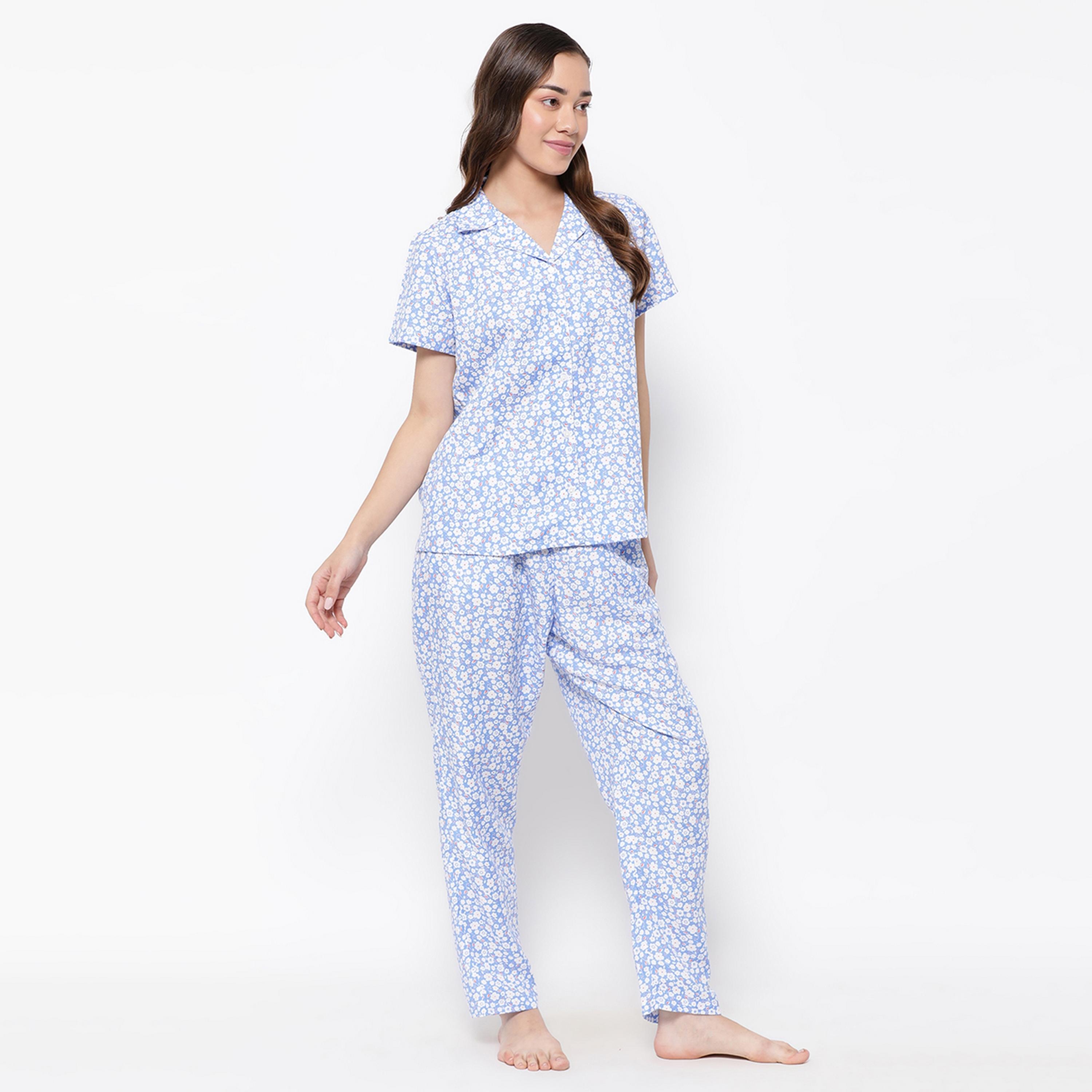 Clovia Pretty Floral Button Down Women's Shirt & Pyjama Set in Sky Blue - Rayon-women-clothing-nightwear-pyjamas-longsets-image-3