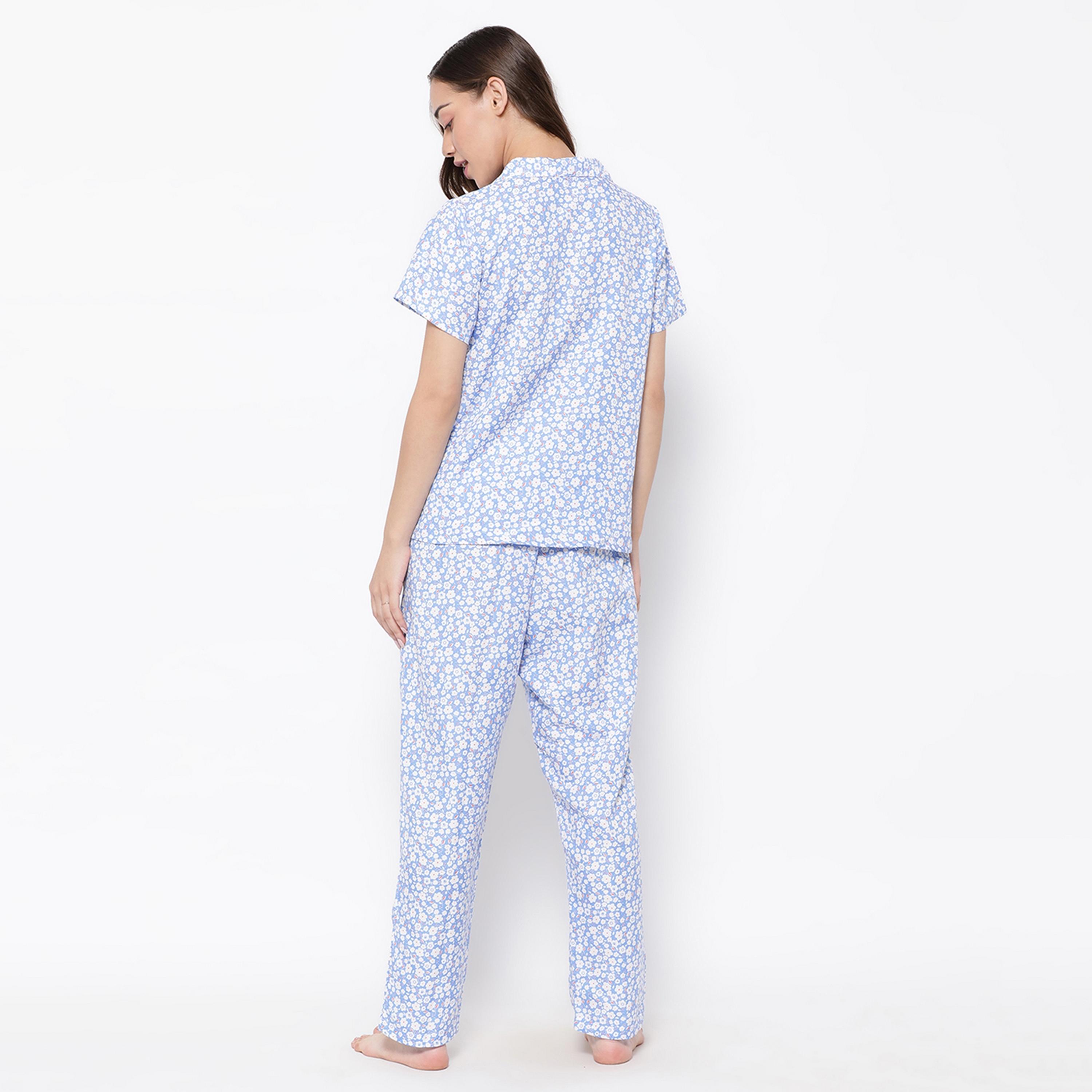 Clovia Pretty Floral Button Down Women's Shirt & Pyjama Set in Sky Blue - Rayon-women-clothing-nightwear-pyjamas-longsets-image-4