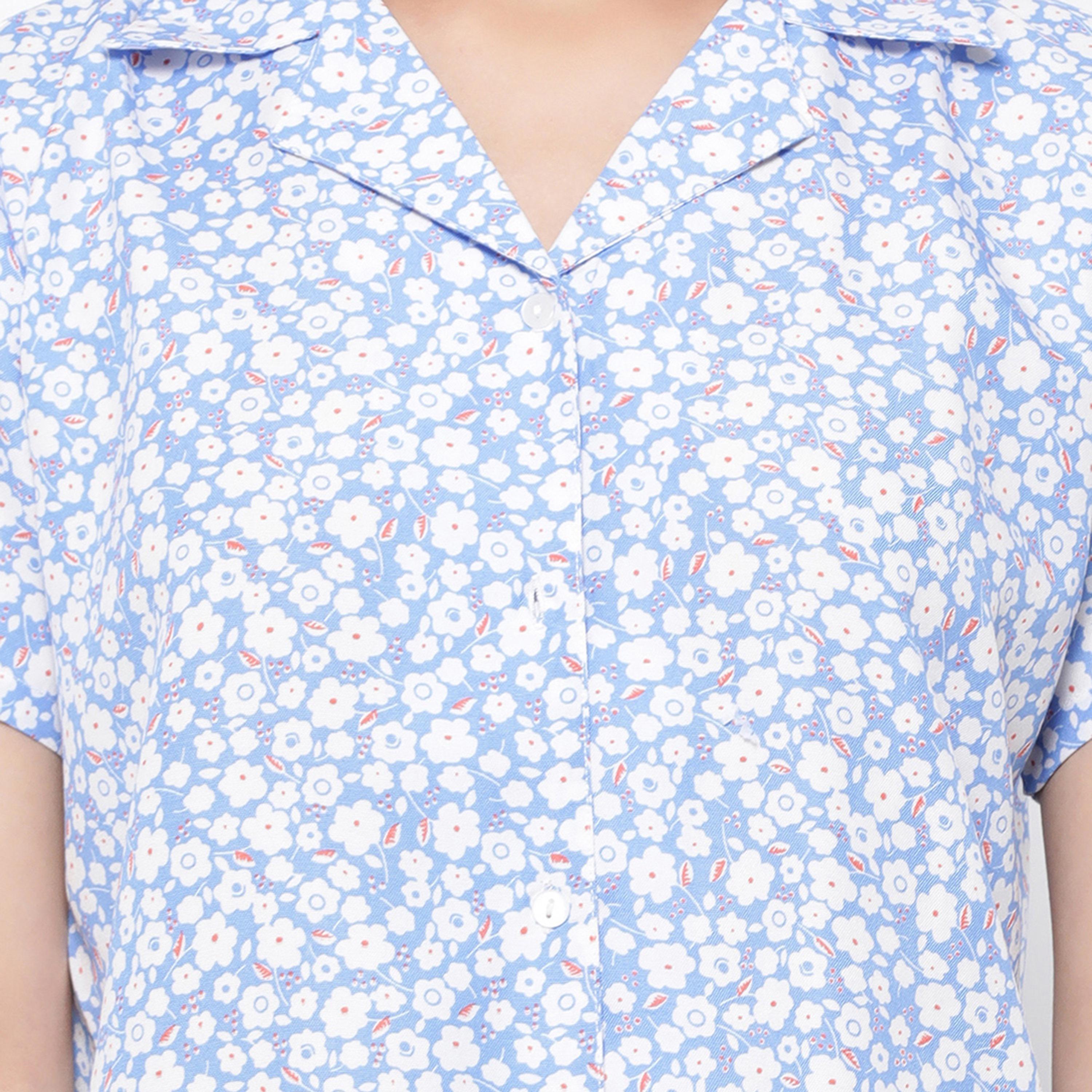 Clovia Pretty Floral Button Down Women's Shirt & Pyjama Set in Sky Blue - Rayon-women-clothing-nightwear-pyjamas-longsets-image-5