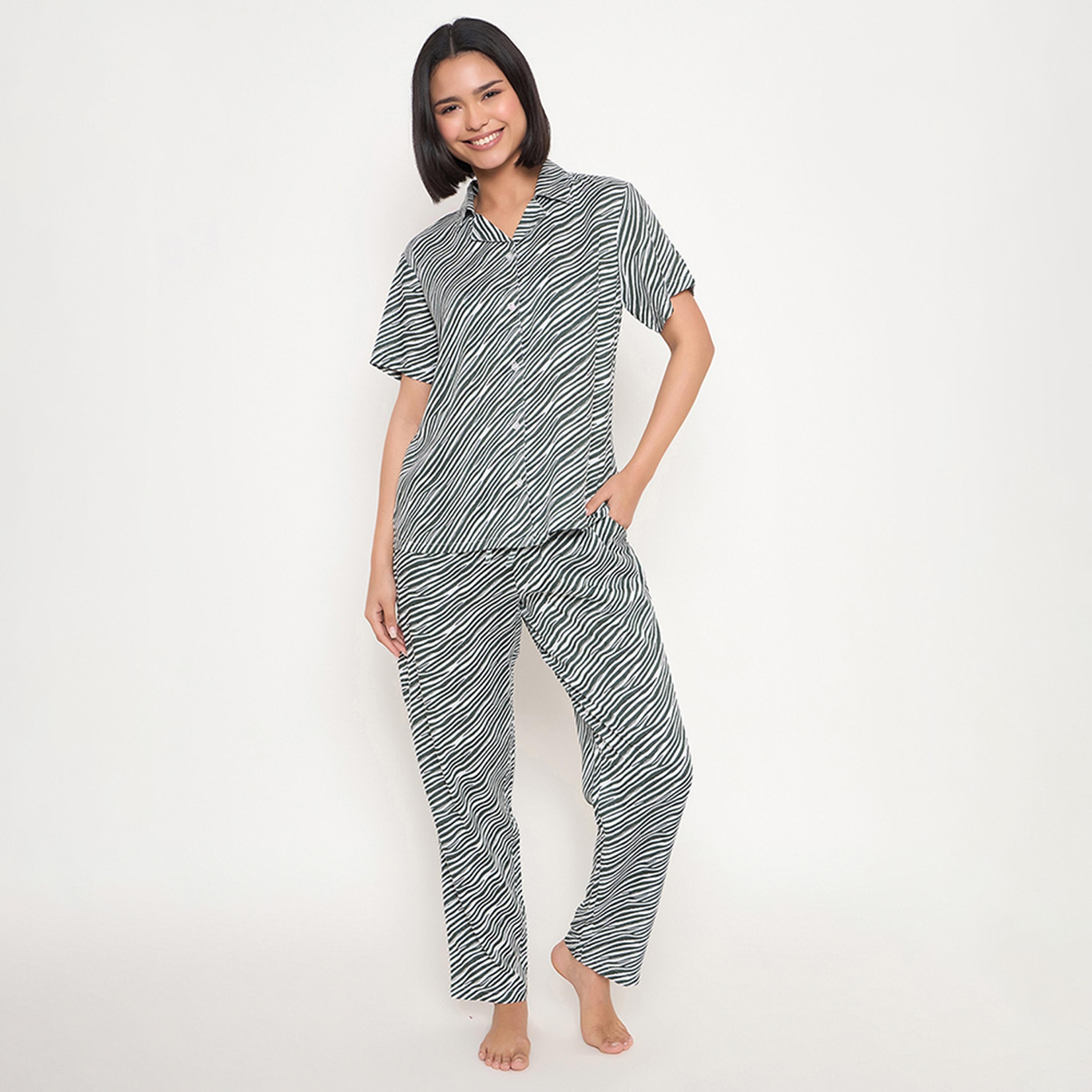 Clovia Striped Button Down Women's Shirt & Pyjama Set in Dark Green - Rayon-women-clothing-nightwear-pyjamas-longsets-image-1