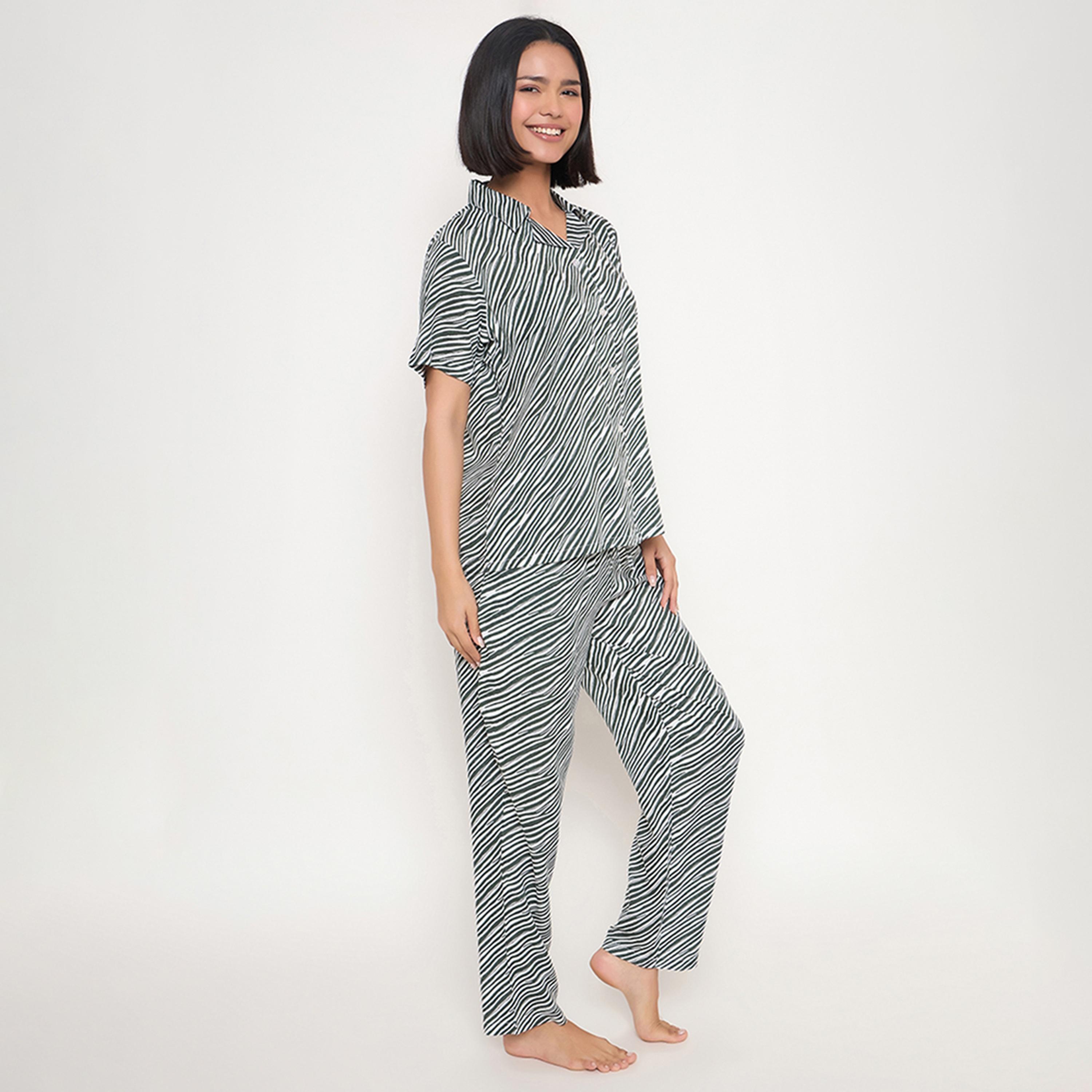 Clovia Striped Button Down Women's Shirt & Pyjama Set in Dark Green - Rayon-women-clothing-nightwear-pyjamas-longsets-image-3
