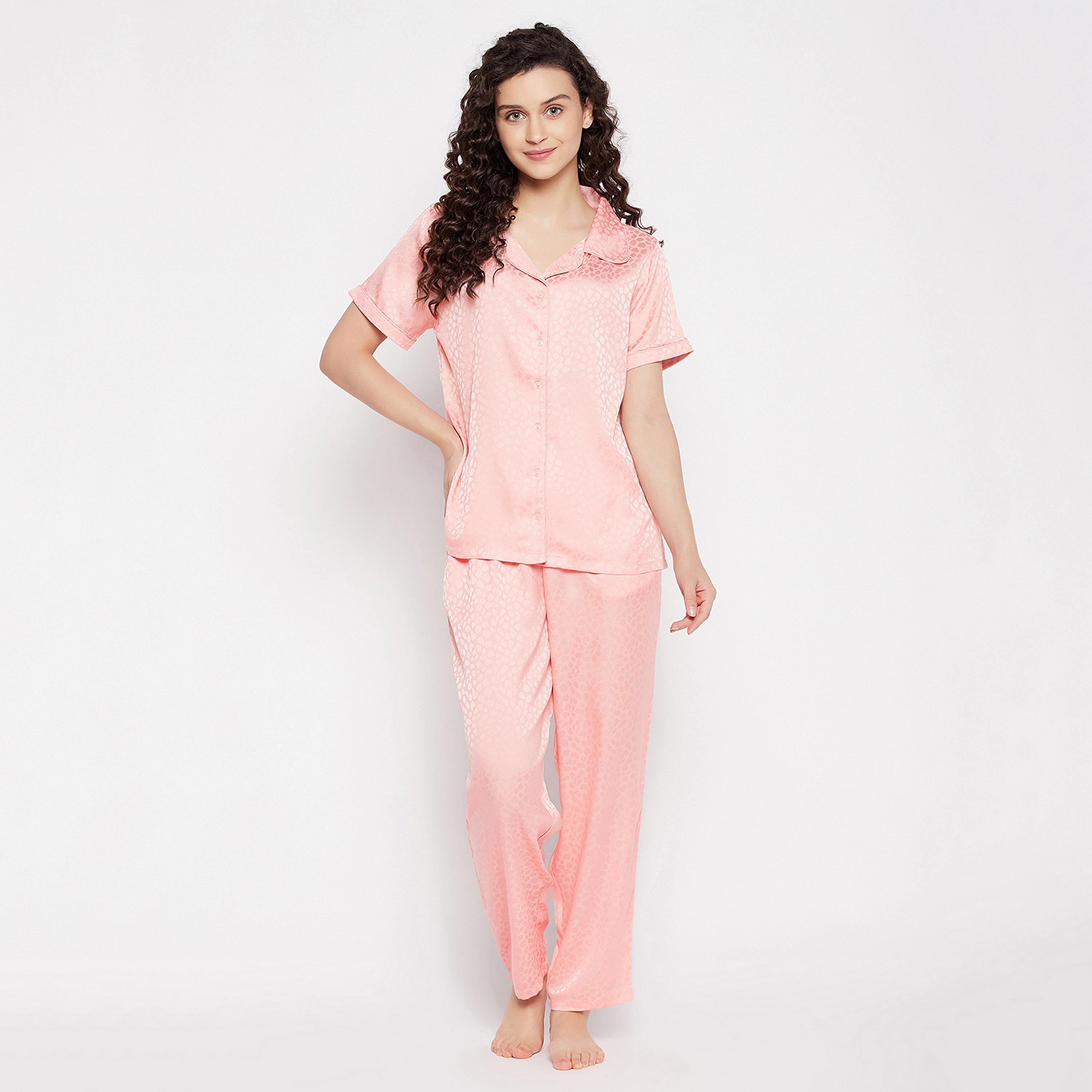Clovia Self Print Button Down Women's Shirt & Pyjama Set in Baby Pink - Satin-women-clothing-nightwear-pyjamas-longsets-image-1