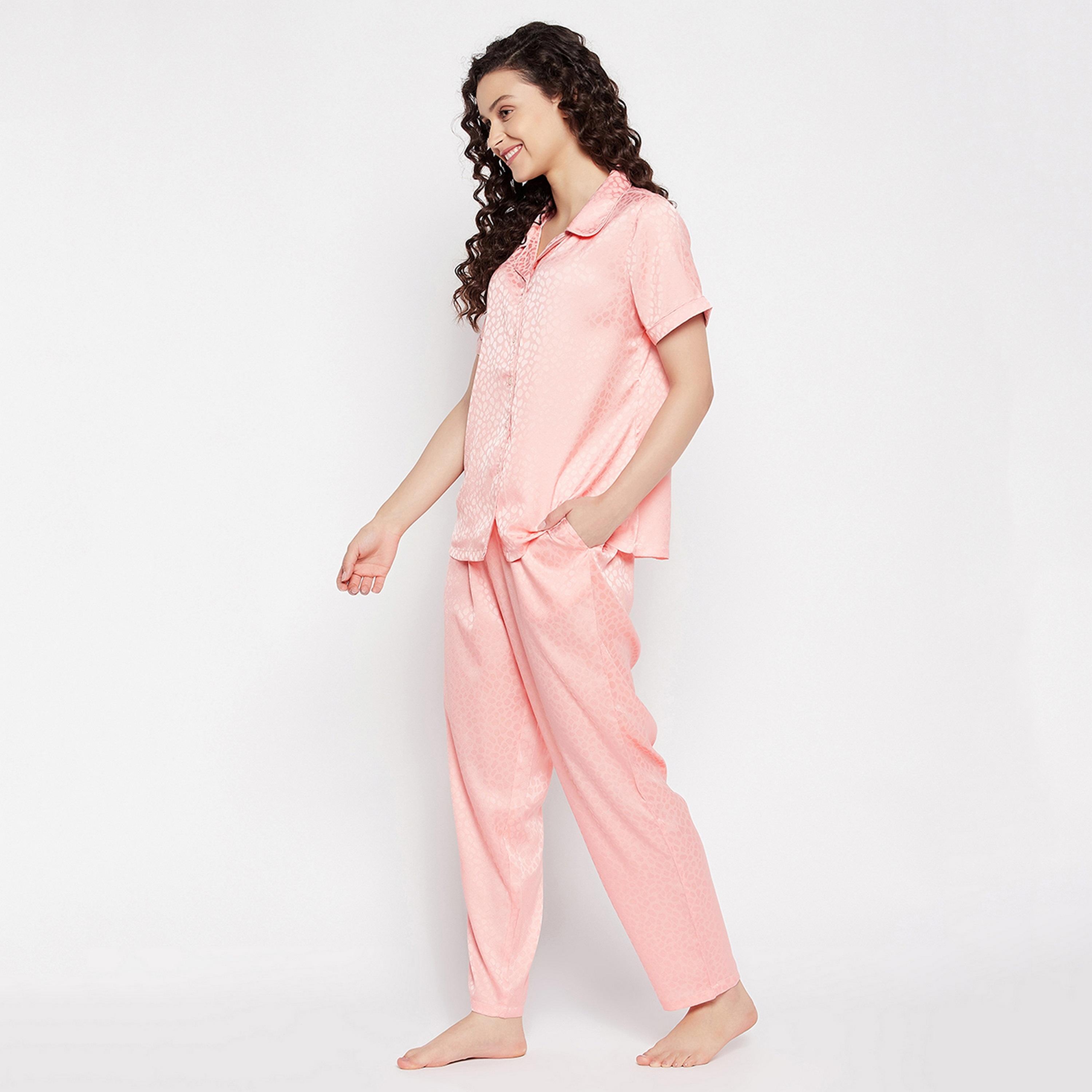 Clovia Self Print Button Down Women's Shirt & Pyjama Set in Baby Pink - Satin-women-clothing-nightwear-pyjamas-longsets-image-2
