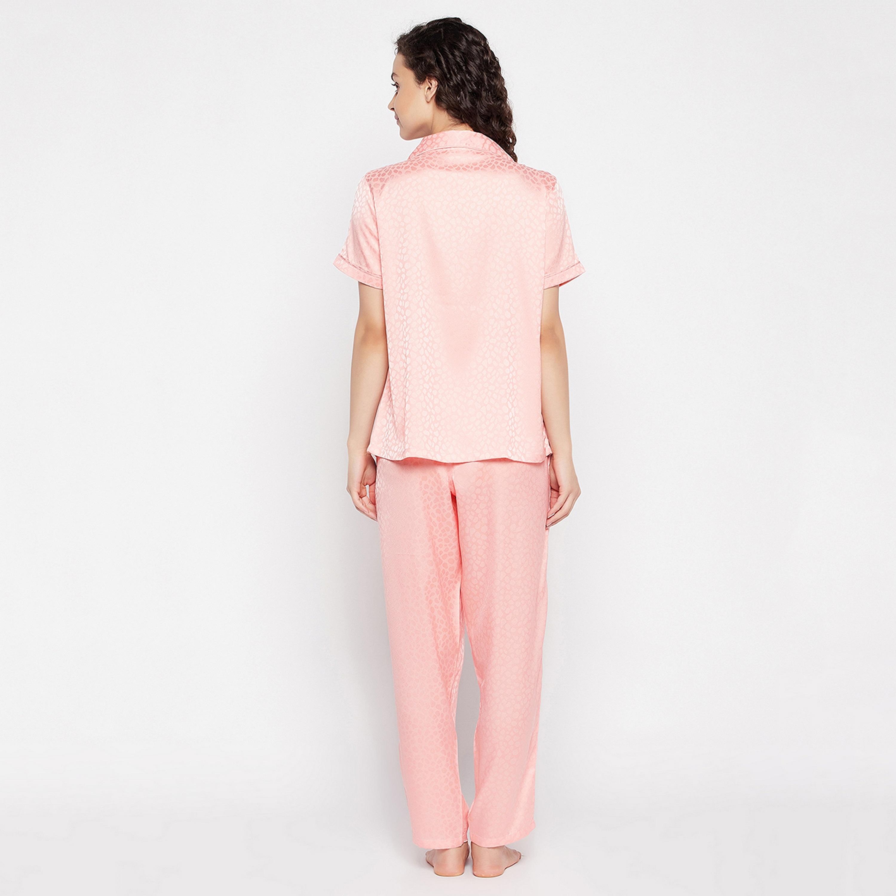 Clovia Self Print Button Down Women's Shirt & Pyjama Set in Baby Pink - Satin-women-clothing-nightwear-pyjamas-longsets-image-4
