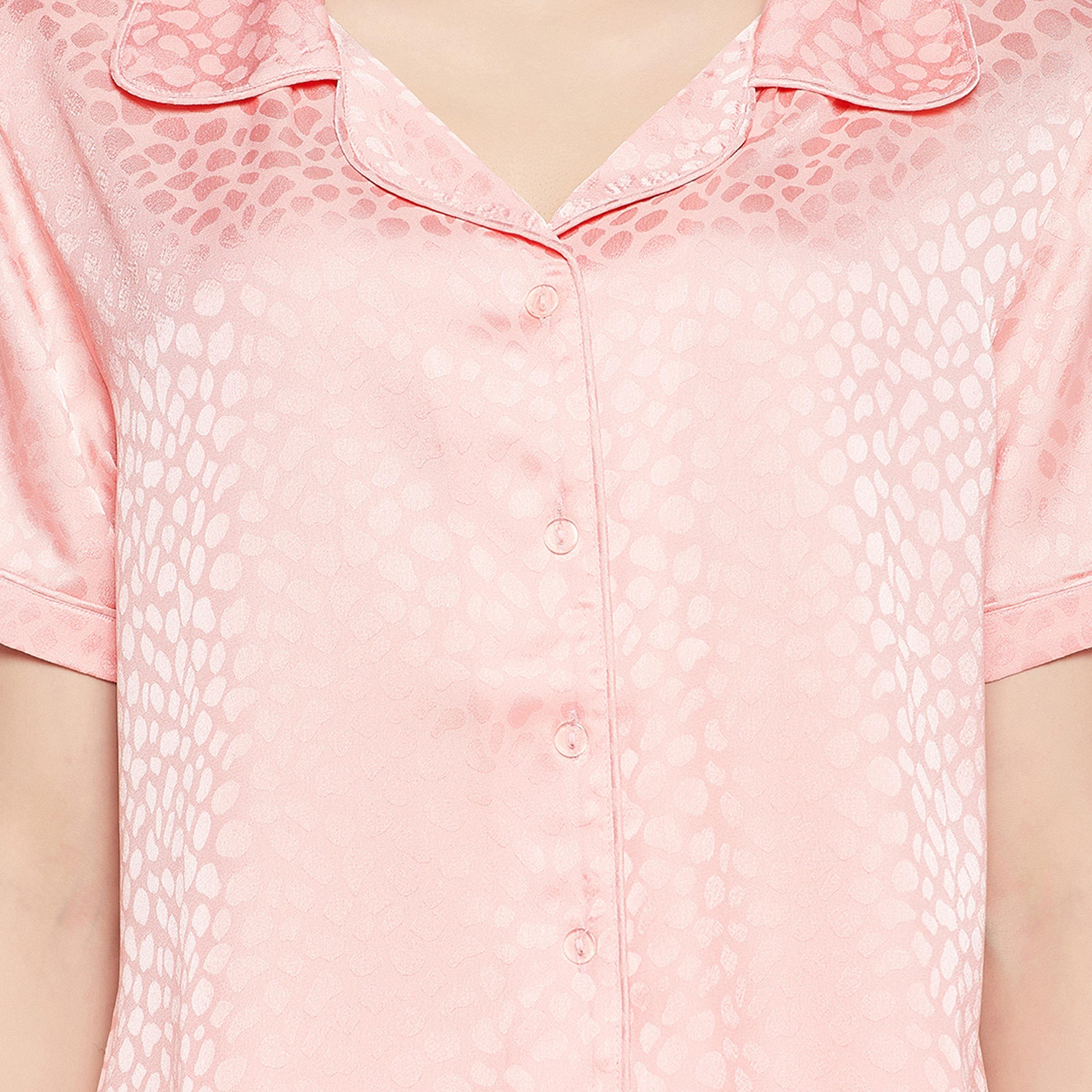 Clovia Self Print Button Down Women's Shirt & Pyjama Set in Baby Pink - Satin-women-clothing-nightwear-pyjamas-longsets-image-5