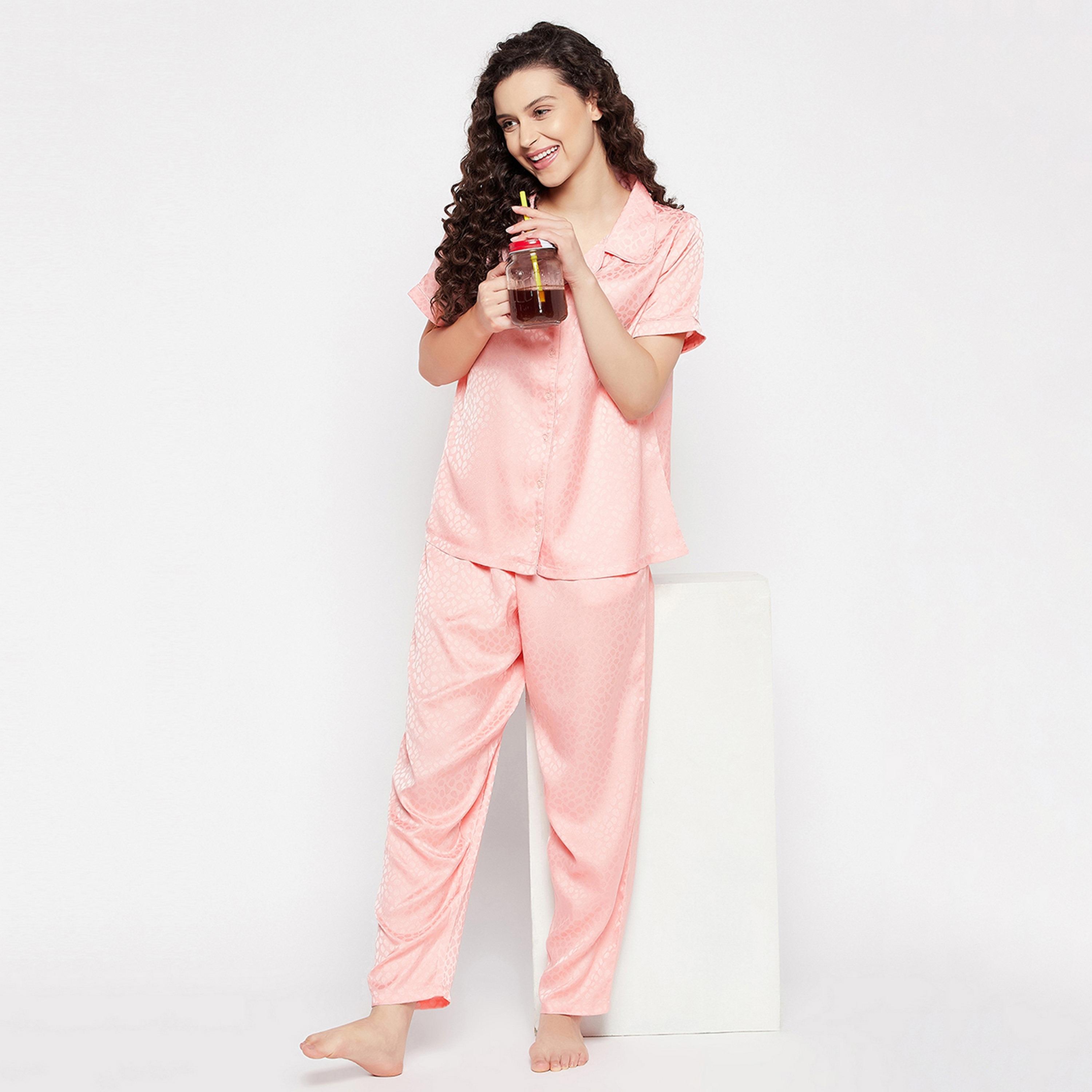 Clovia Self Print Button Down Women's Shirt & Pyjama Set in Baby Pink - Satin-women-clothing-nightwear-pyjamas-longsets-image-7