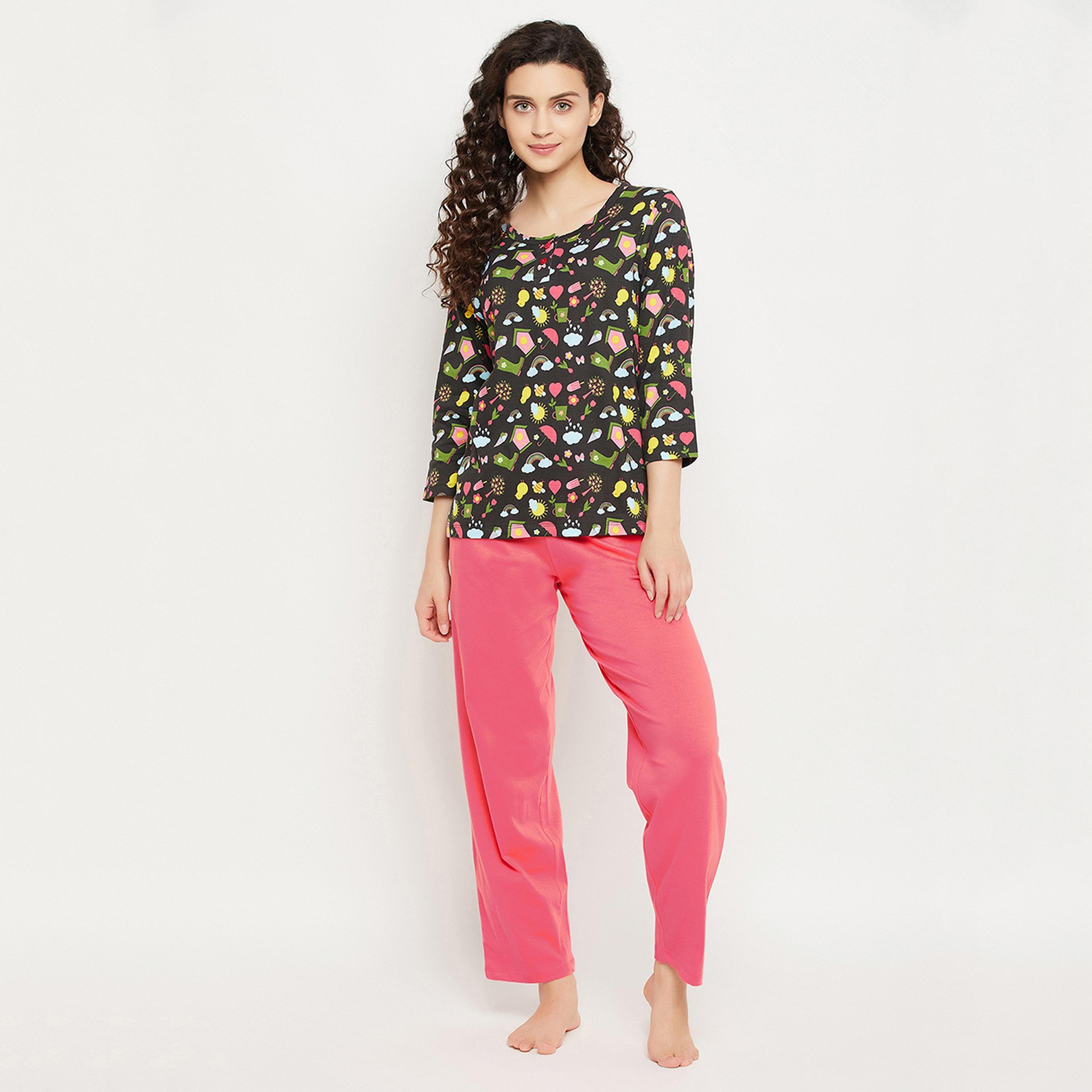 Clovia Print Me Pretty Women's Top & Solid Pyjama Set in Black - Pure Cotton-women-clothing-nightwear-pyjamas-longsets-image-1