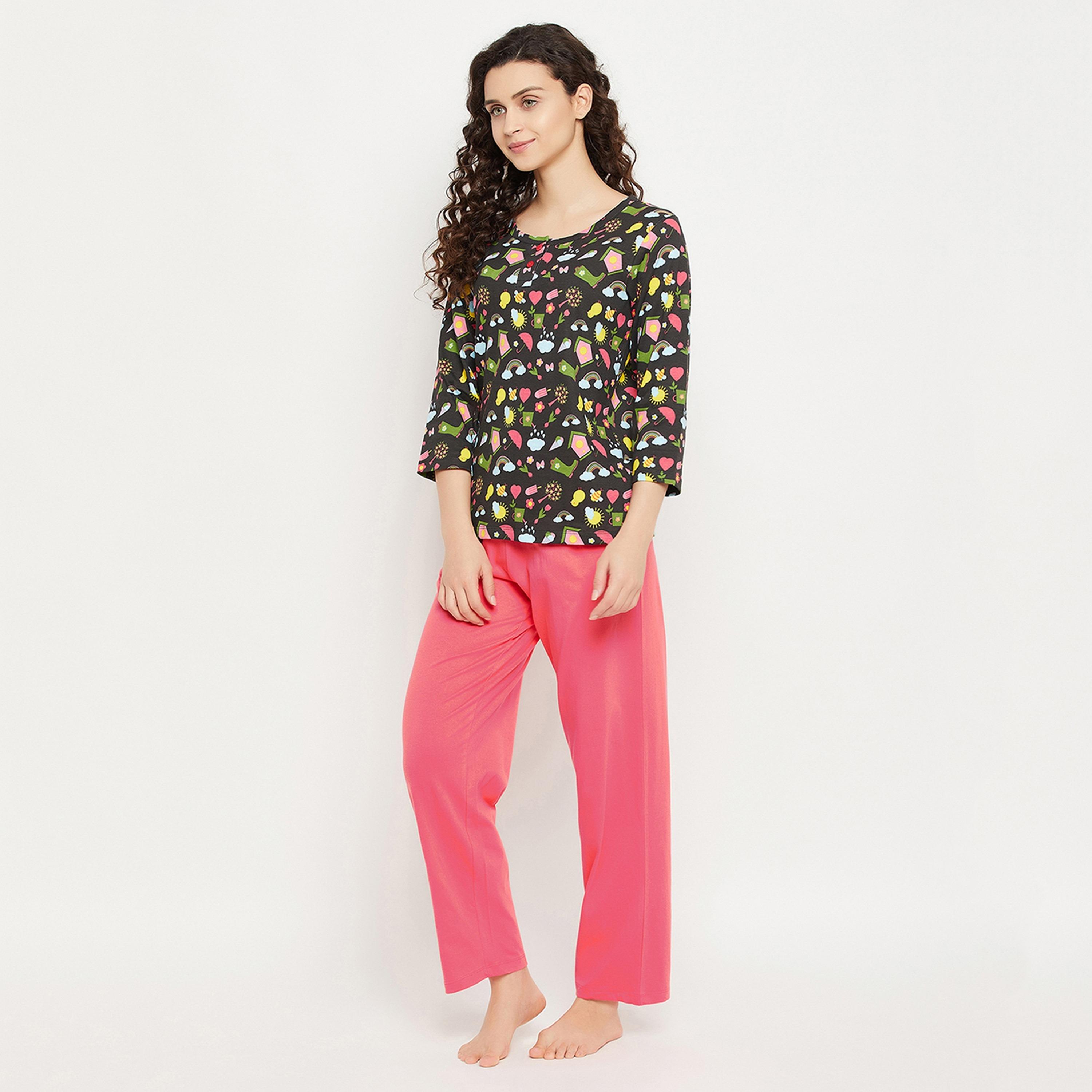 Clovia Print Me Pretty Women's Top & Solid Pyjama Set in Black - Pure Cotton-women-clothing-nightwear-pyjamas-longsets-image-2