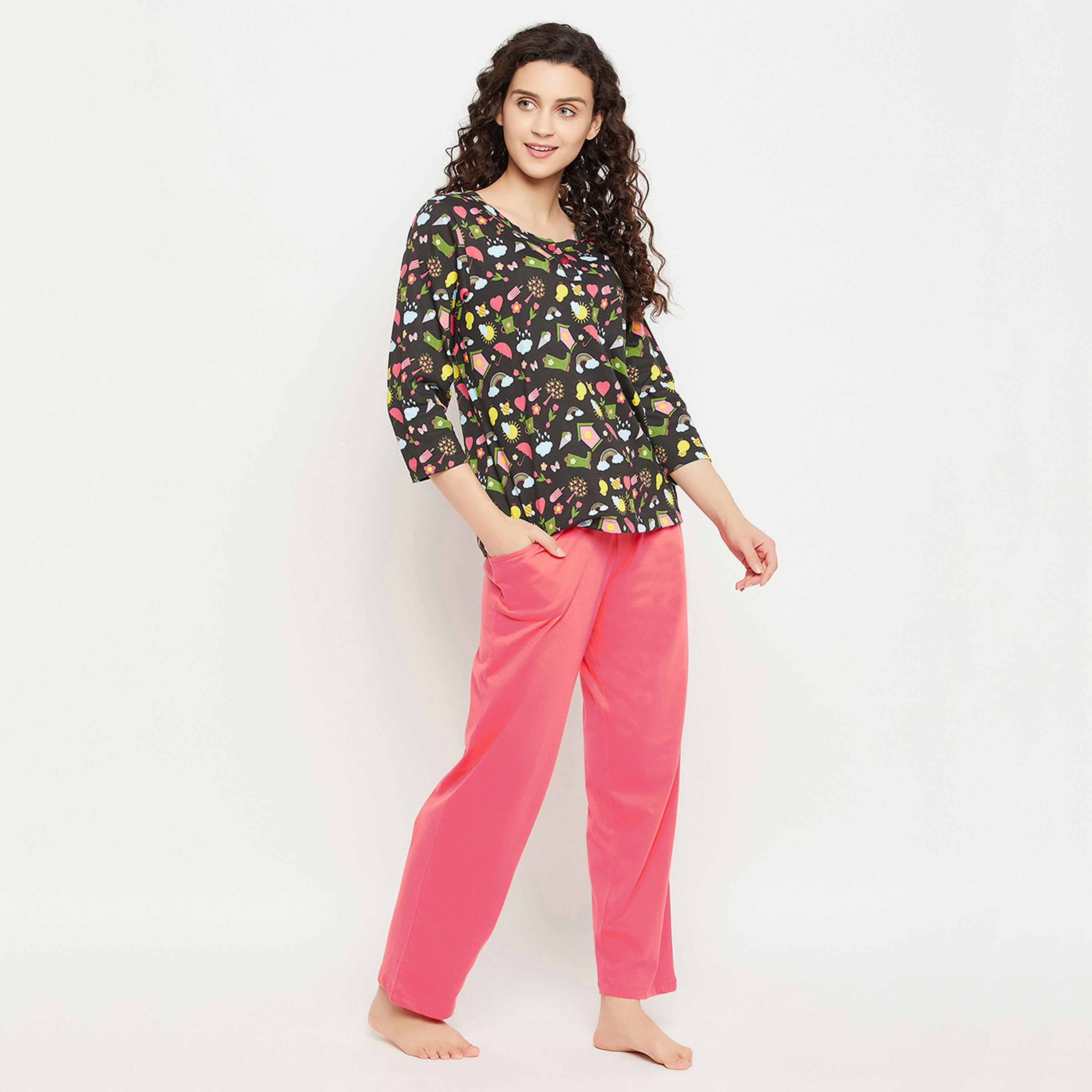 Clovia Print Me Pretty Women's Top & Solid Pyjama Set in Black - Pure Cotton-women-clothing-nightwear-pyjamas-longsets-image-3