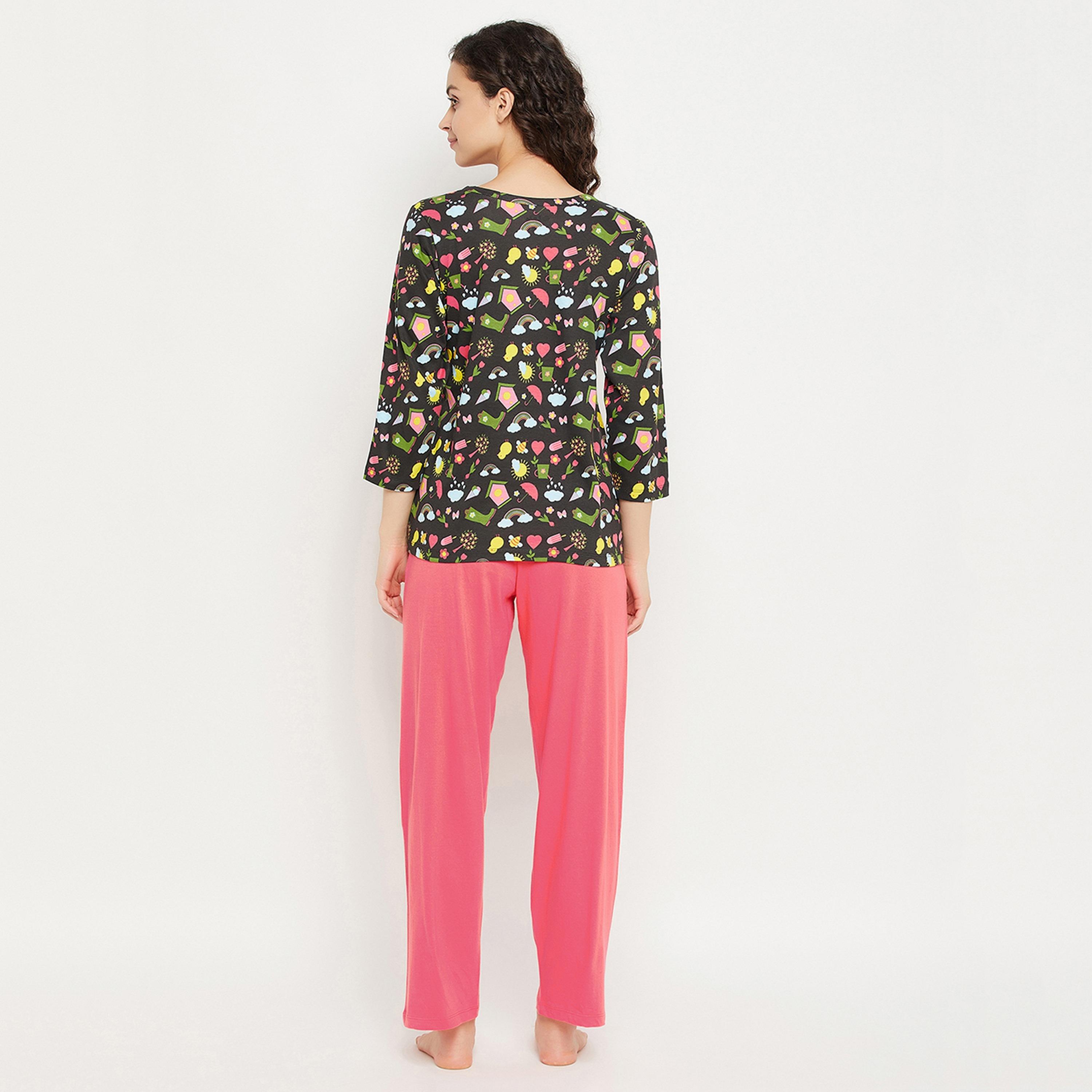 Clovia Print Me Pretty Women's Top & Solid Pyjama Set in Black - Pure Cotton-women-clothing-nightwear-pyjamas-longsets-image-4