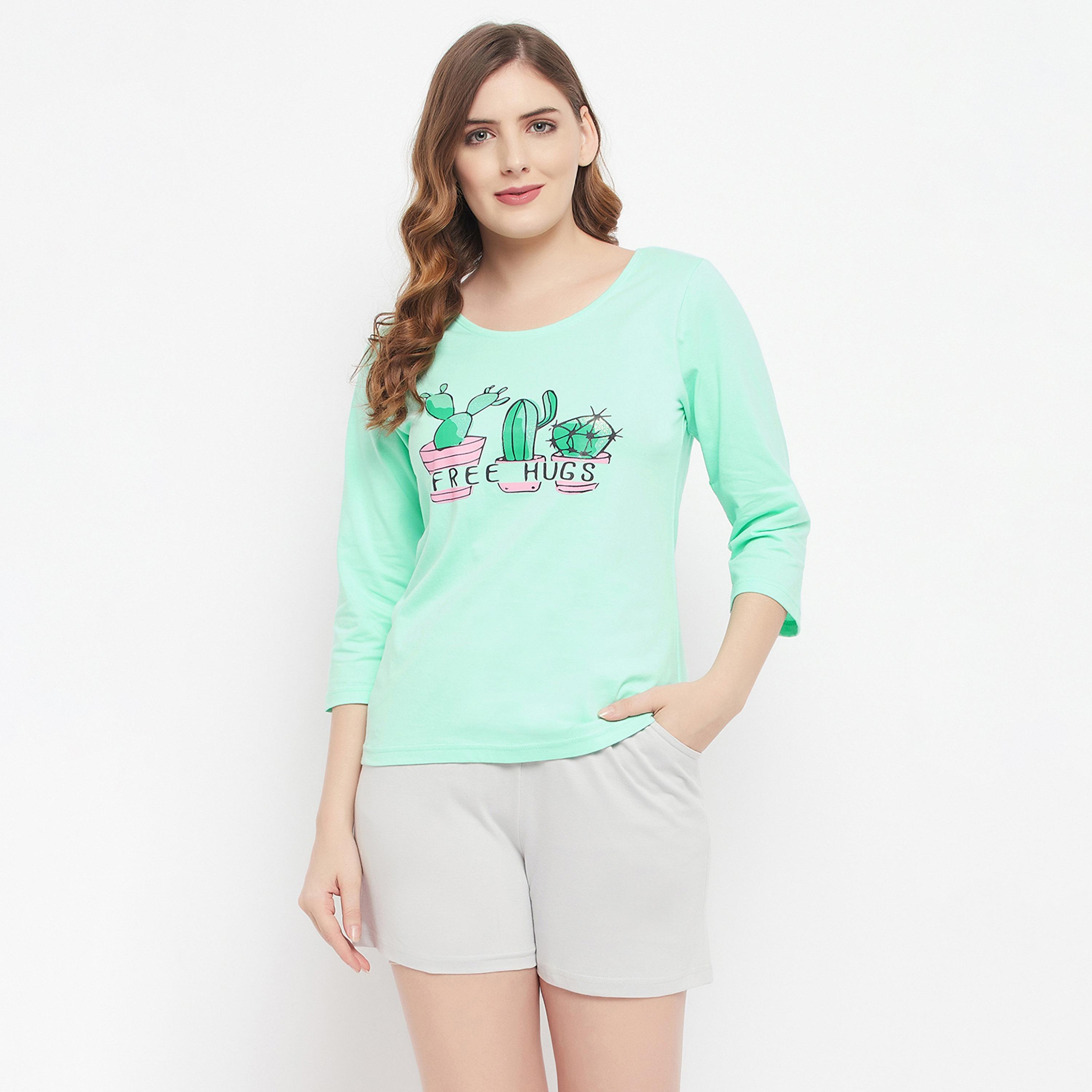 Clovia Cactus Print Women's Top in Seafoam Green & Chic Basic Shorts in Grey - 100% Cotton-women-clothing-nightwear-pyjamas-longsets-image-1