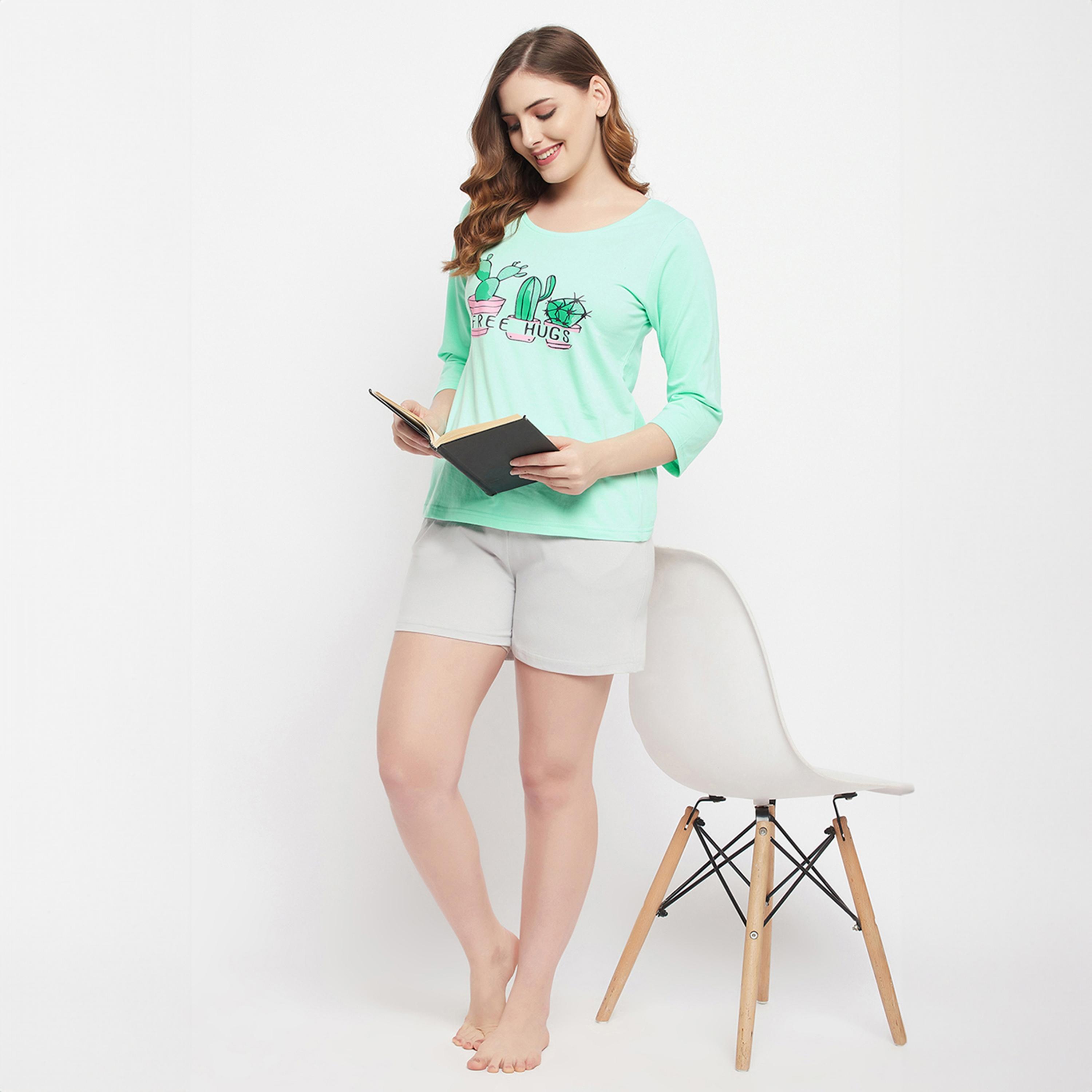Clovia Cactus Print Women's Top in Seafoam Green & Chic Basic Shorts in Grey - 100% Cotton-women-clothing-nightwear-pyjamas-longsets-image-2