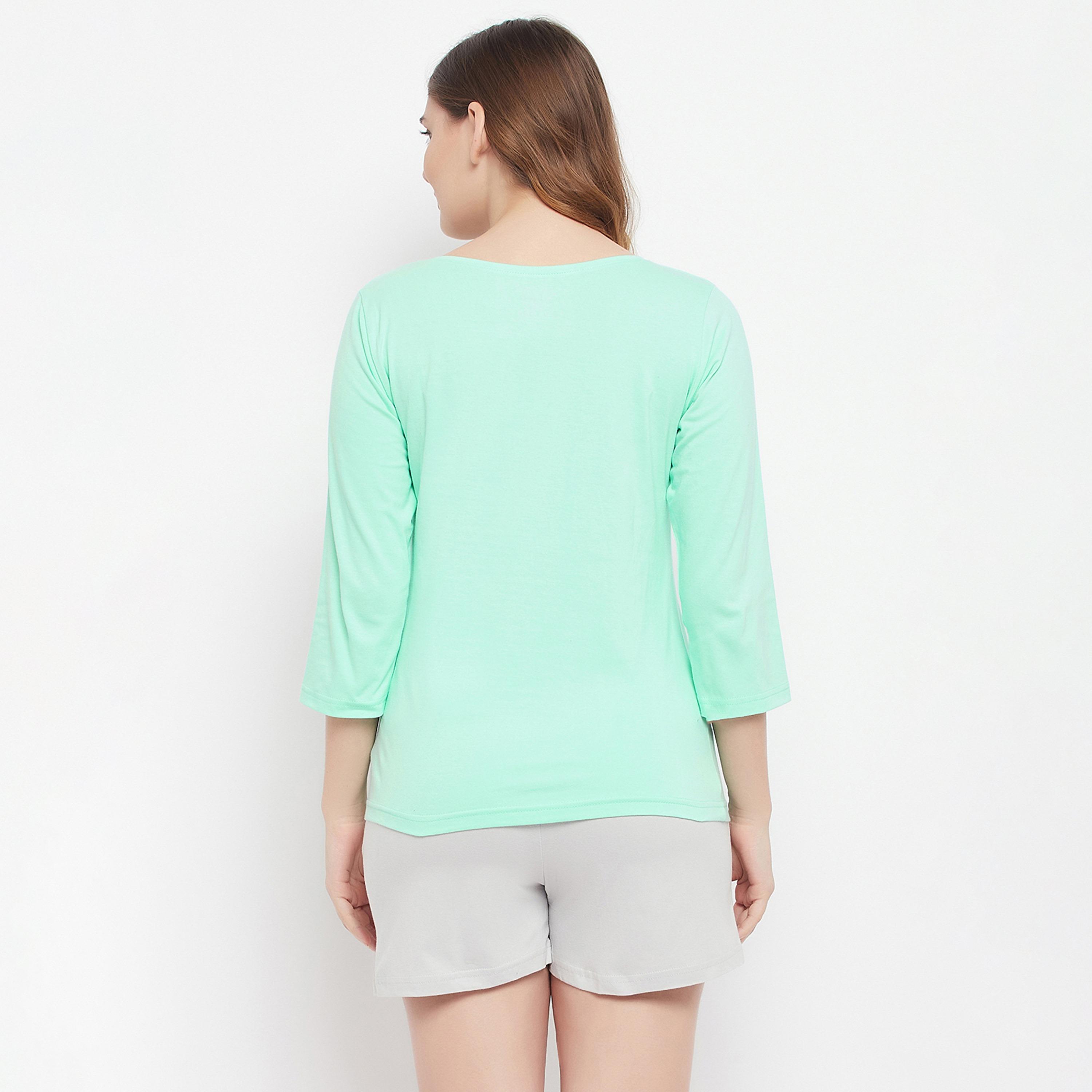 Clovia Cactus Print Women's Top in Seafoam Green & Chic Basic Shorts in Grey - 100% Cotton-women-clothing-nightwear-pyjamas-longsets-image-4