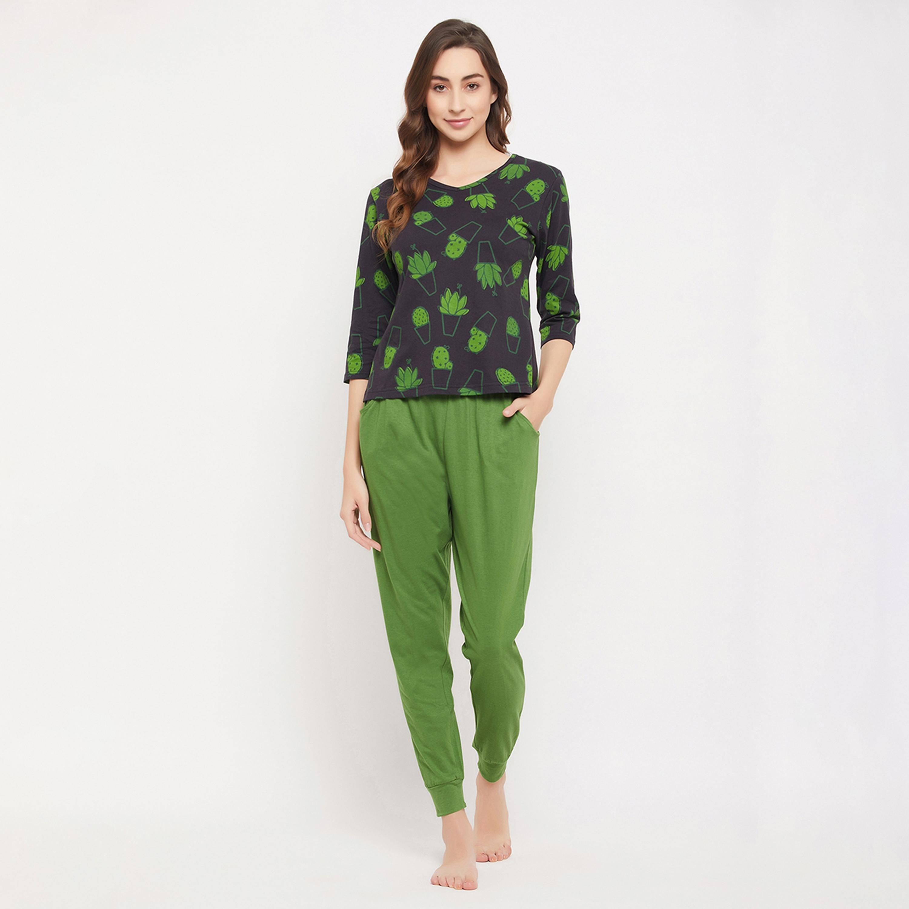 Clovia Cactus Print Women's Top in Black & Chic Basic Joggers in Green - Pure Cotton-women-clothing-nightwear-pyjamas-longsets-image-1