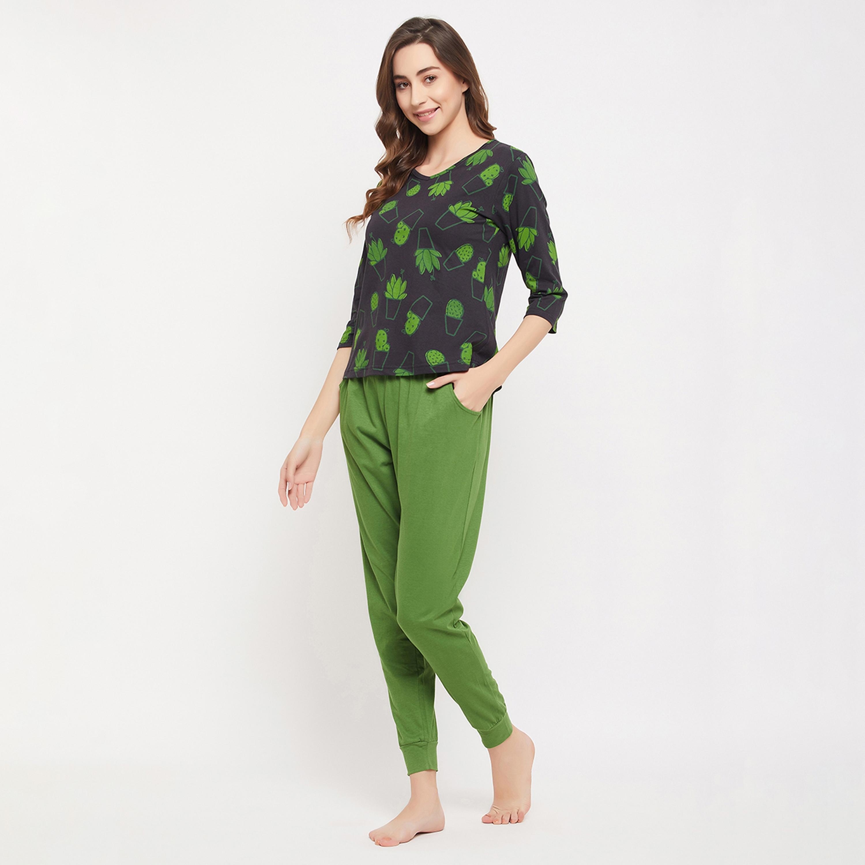 Clovia Cactus Print Women's Top in Black & Chic Basic Joggers in Green - Pure Cotton-women-clothing-nightwear-pyjamas-longsets-image-2