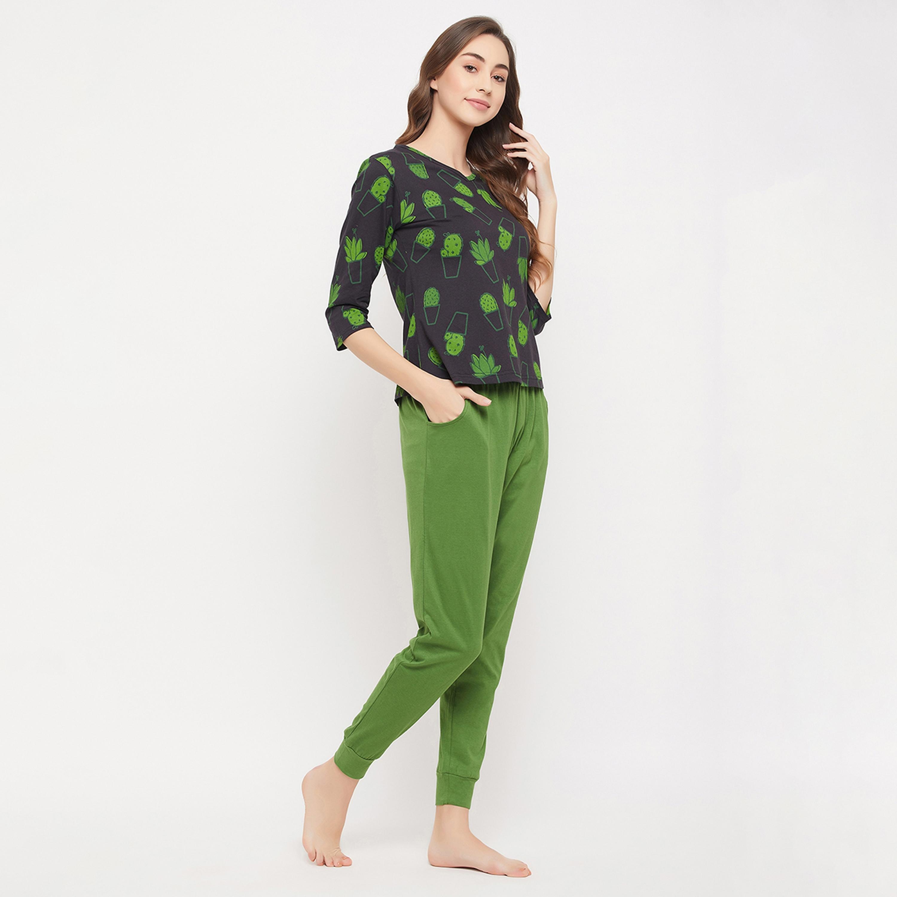 Clovia Cactus Print Women's Top in Black & Chic Basic Joggers in Green - Pure Cotton-women-clothing-nightwear-pyjamas-longsets-image-3