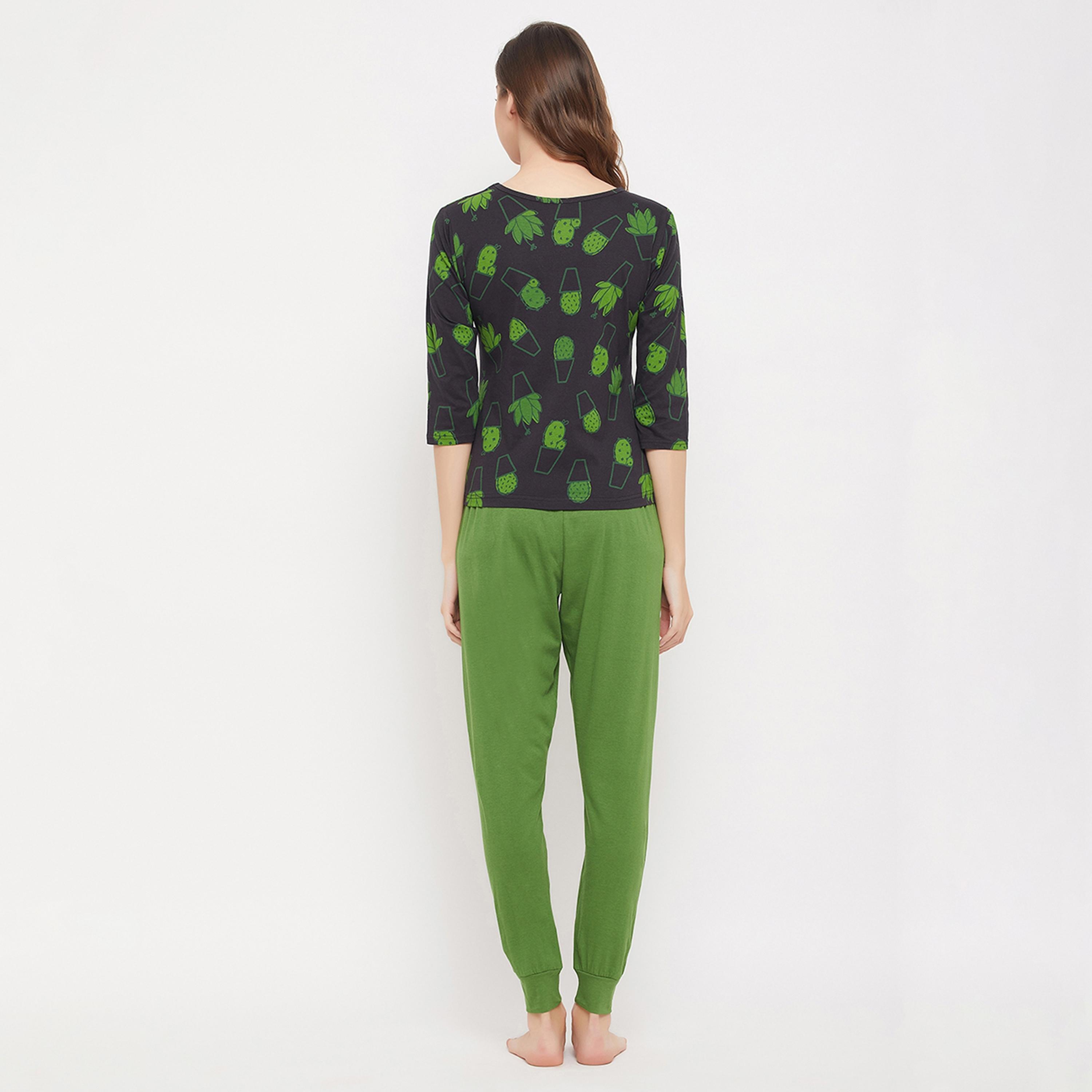 Clovia Cactus Print Women's Top in Black & Chic Basic Joggers in Green - Pure Cotton-women-clothing-nightwear-pyjamas-longsets-image-4