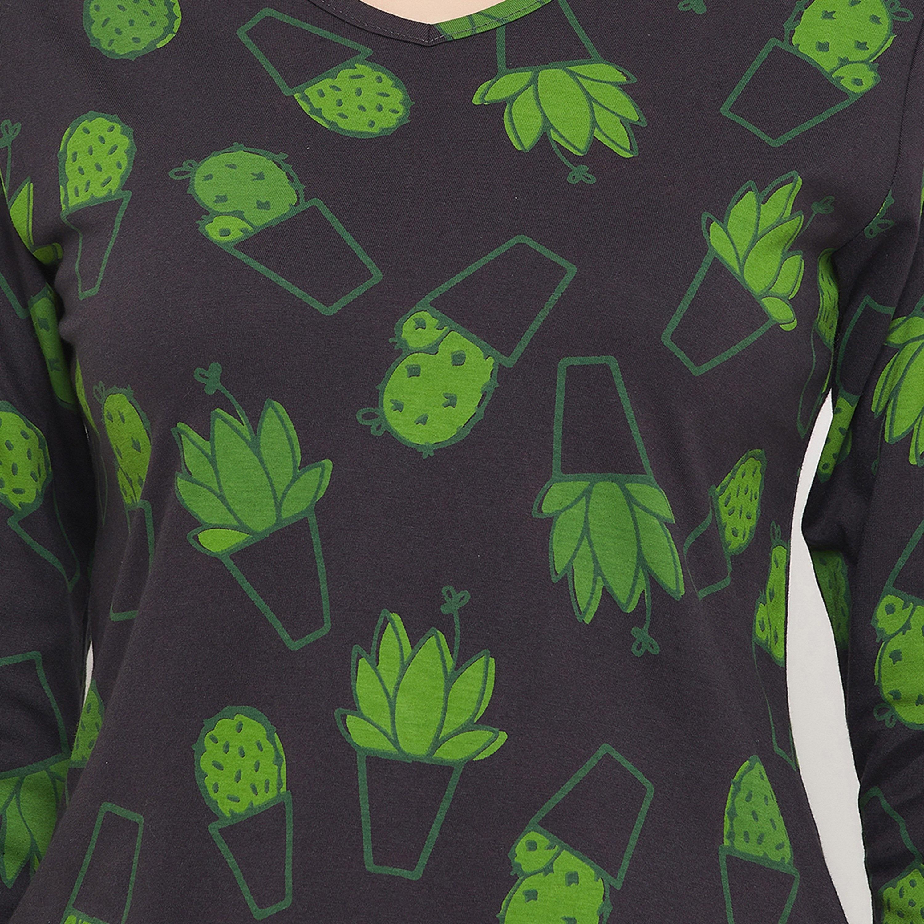 Clovia Cactus Print Women's Top in Black & Chic Basic Joggers in Green - Pure Cotton-women-clothing-nightwear-pyjamas-longsets-image-5