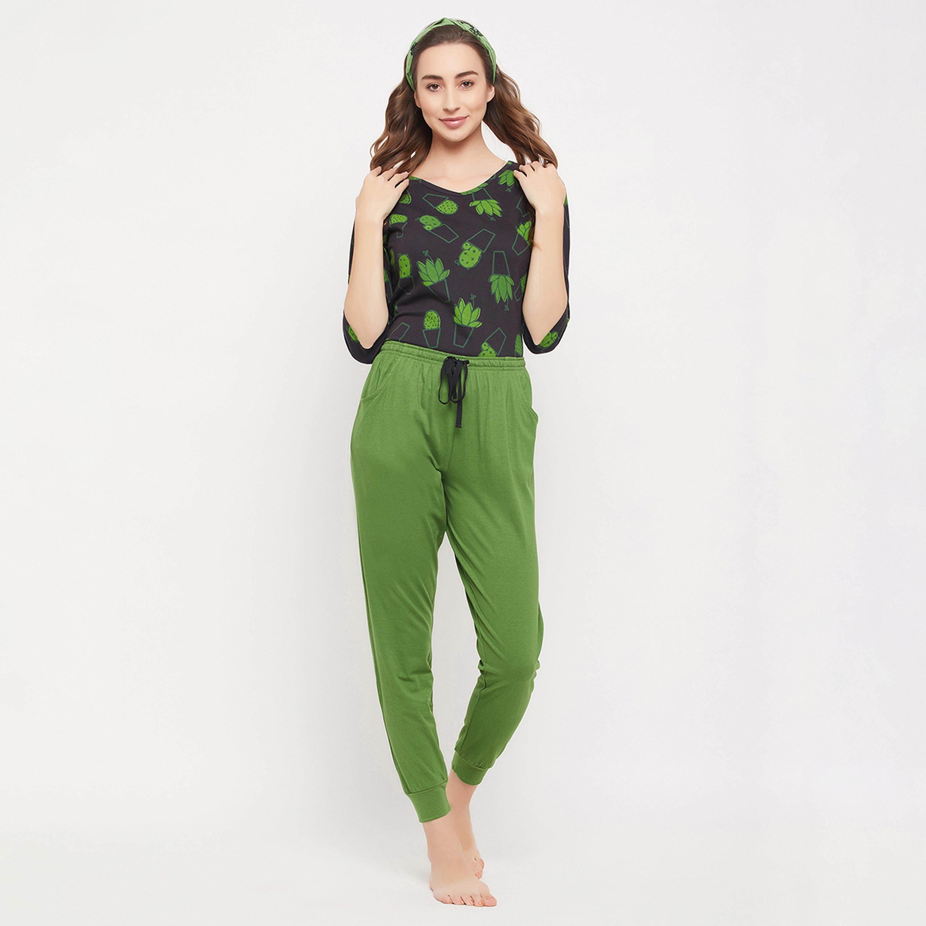Clovia Cactus Print Women's Top in Black & Chic Basic Joggers in Green - Pure Cotton-women-clothing-nightwear-pyjamas-longsets-image-7