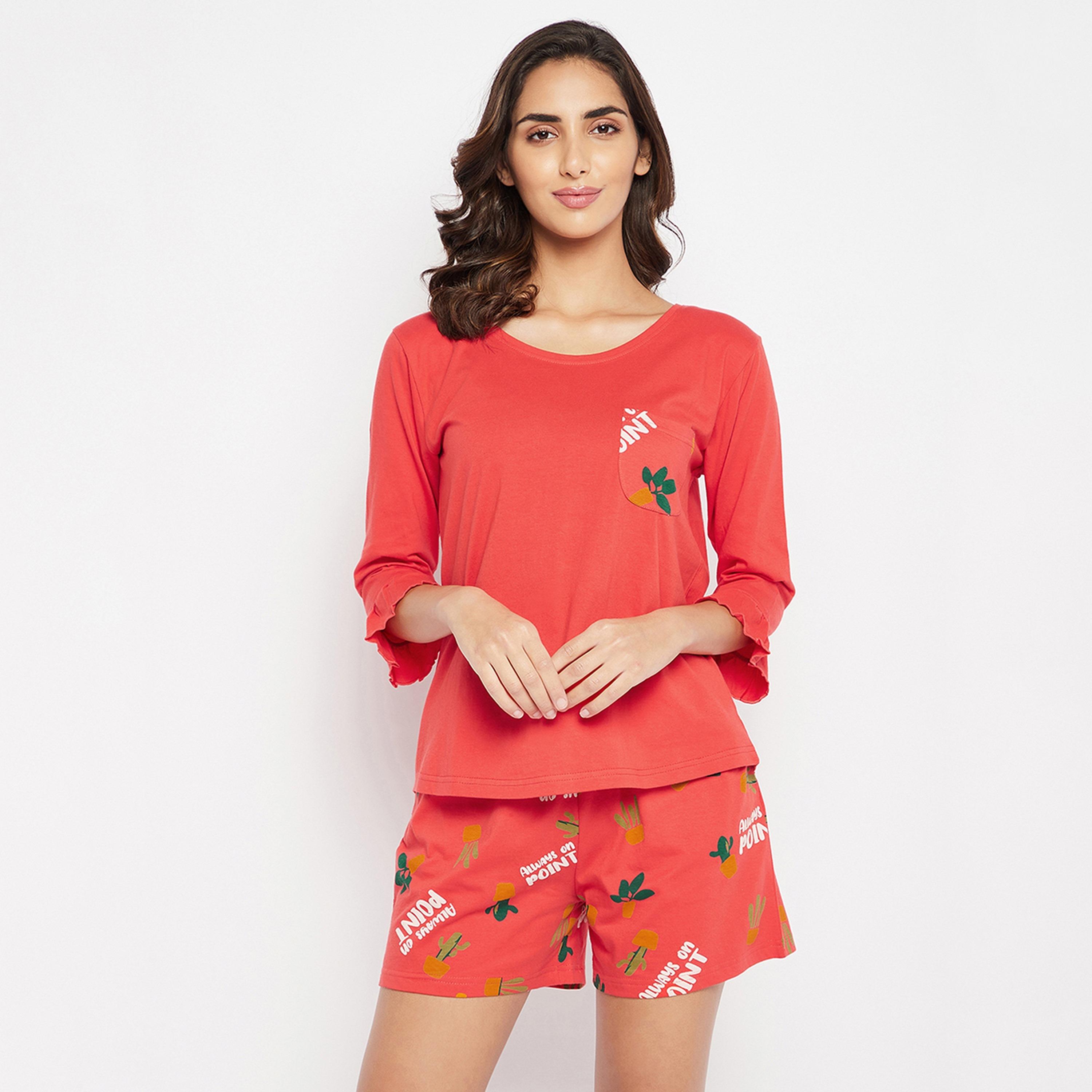 Clovia Chic Women's Basic Top & Printed Shorts Set in Red - Pure Cotton-women-clothing-nightwear-pyjamas-longsets-image-1