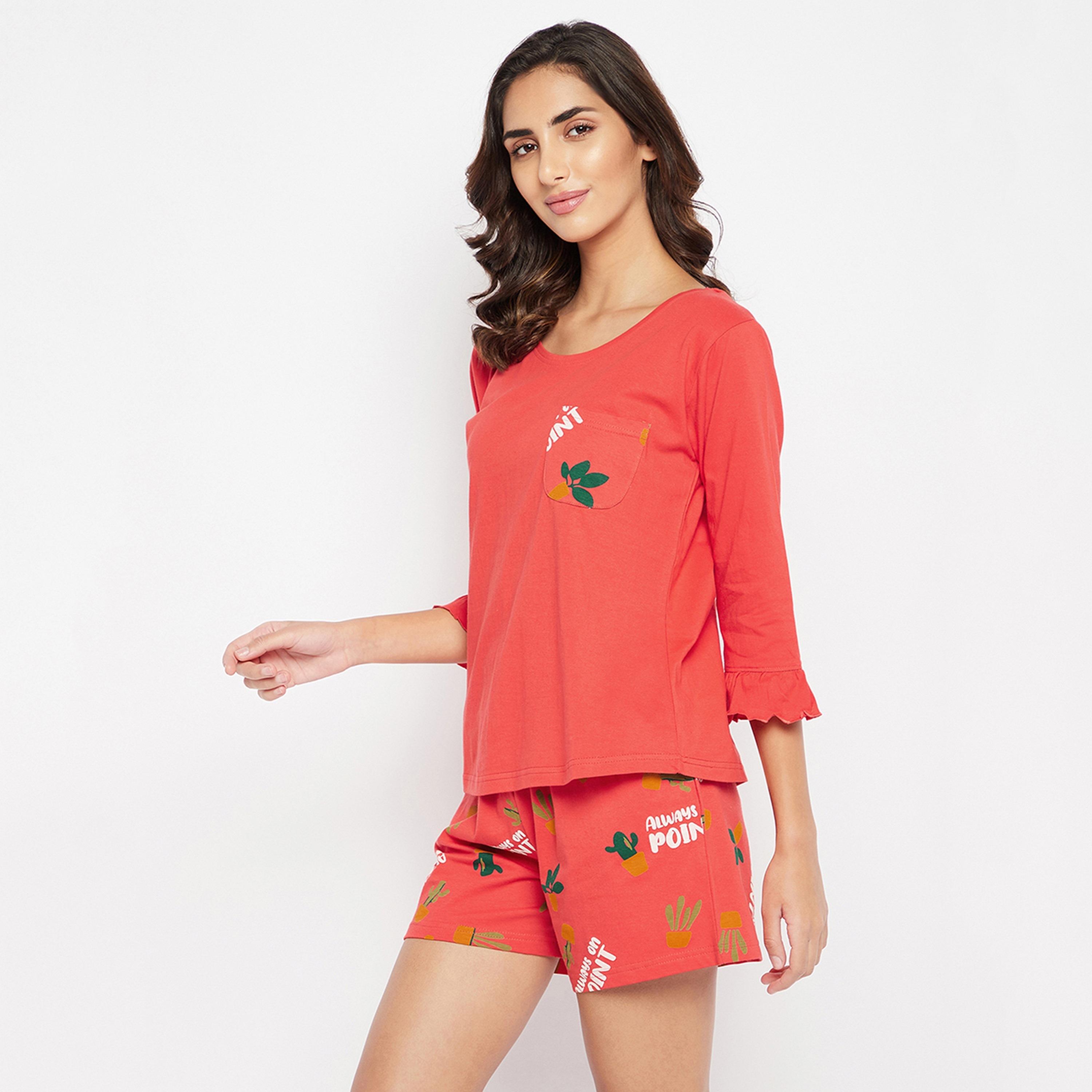 Clovia Chic Women's Basic Top & Printed Shorts Set in Red - Pure Cotton-women-clothing-nightwear-pyjamas-longsets-image-3