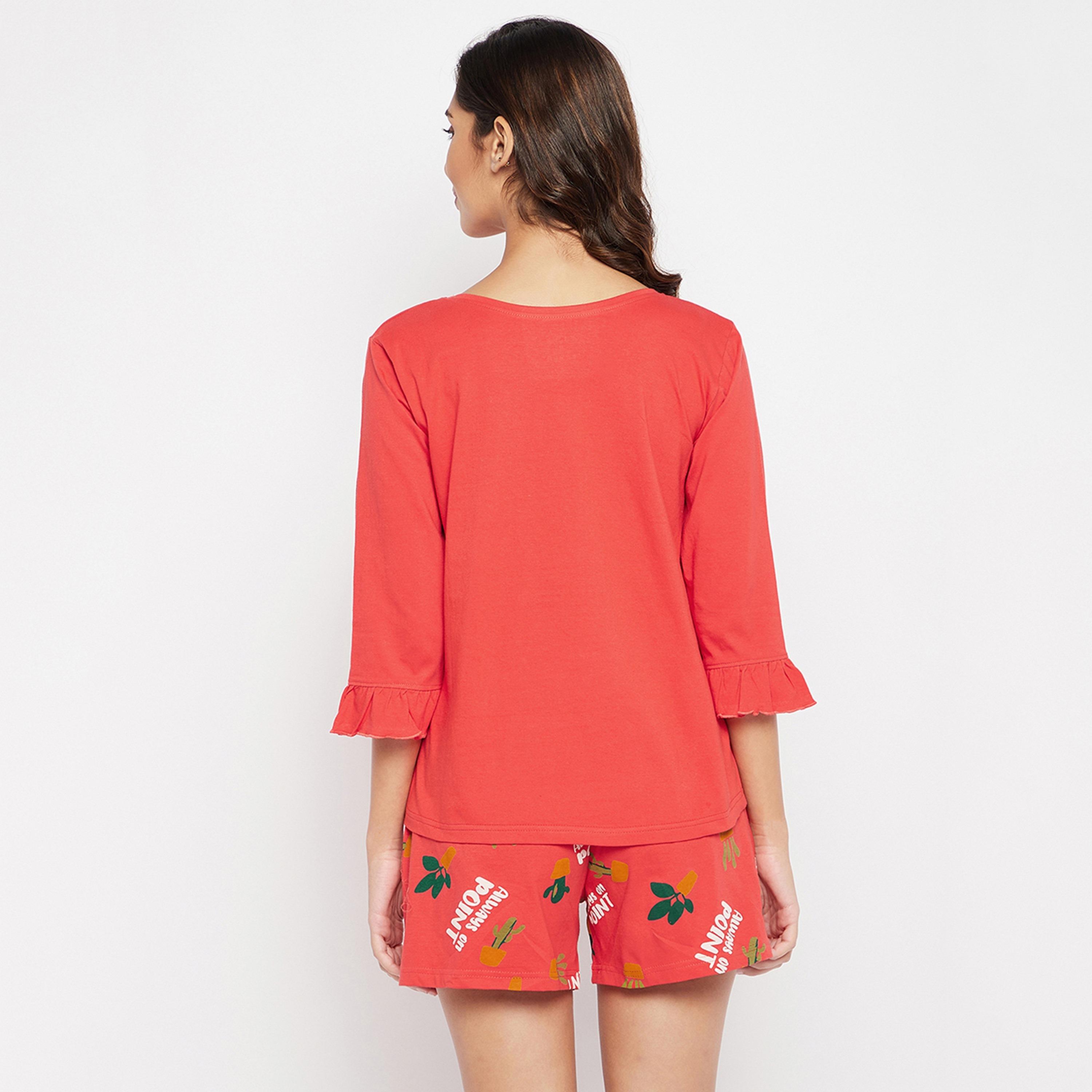 Clovia Chic Women's Basic Top & Printed Shorts Set in Red - Pure Cotton-women-clothing-nightwear-pyjamas-longsets-image-5