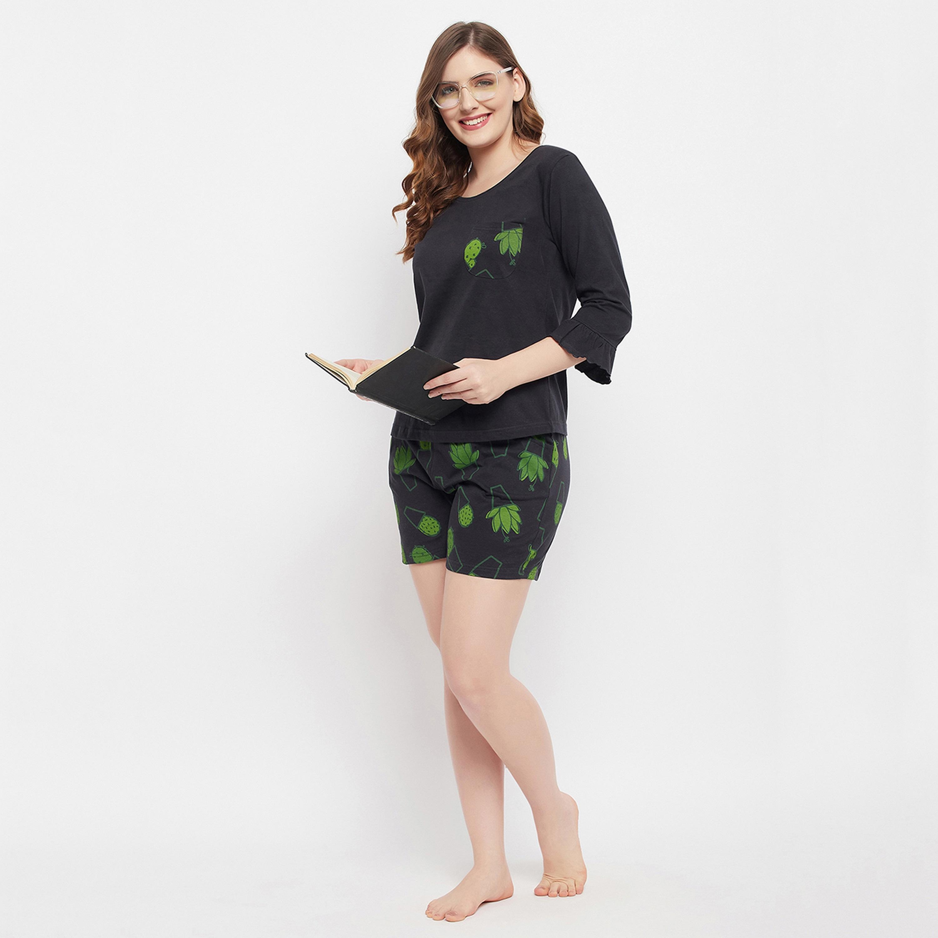 Clovia Women's Cactus Print Top & Shorts Set in Black - Pure Cotton-women-clothing-nightwear-pyjamas-longsets-image-2