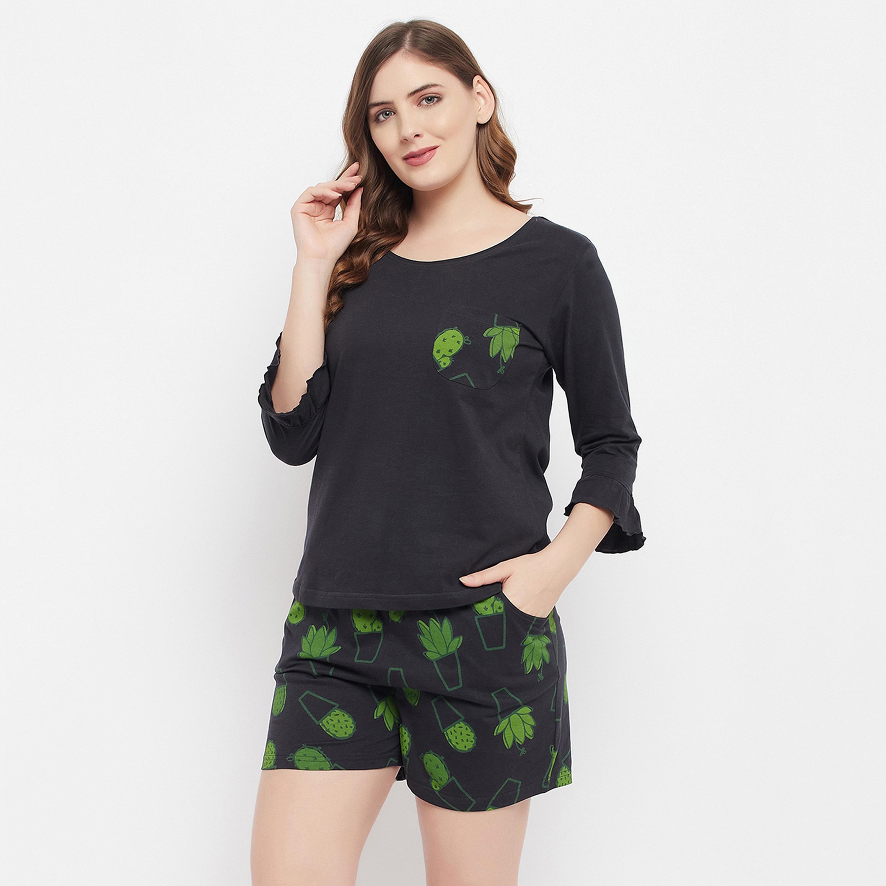 Clovia Women's Cactus Print Top & Shorts Set in Black - Pure Cotton-women-clothing-nightwear-pyjamas-longsets-image-3
